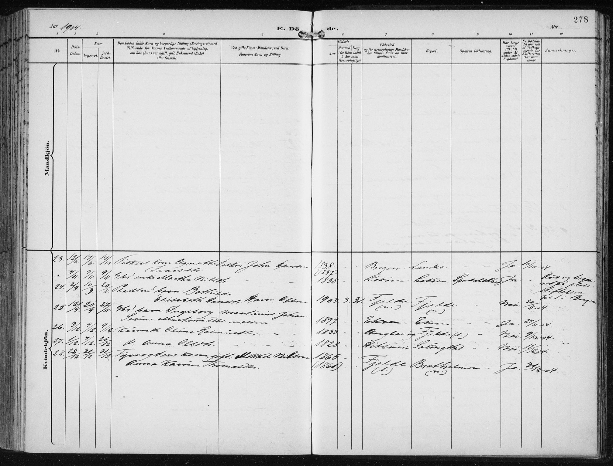 Fjell sokneprestembete, SAB/A-75301/H/Haa: Parish register (official) no. A  9, 1899-1910, p. 278
