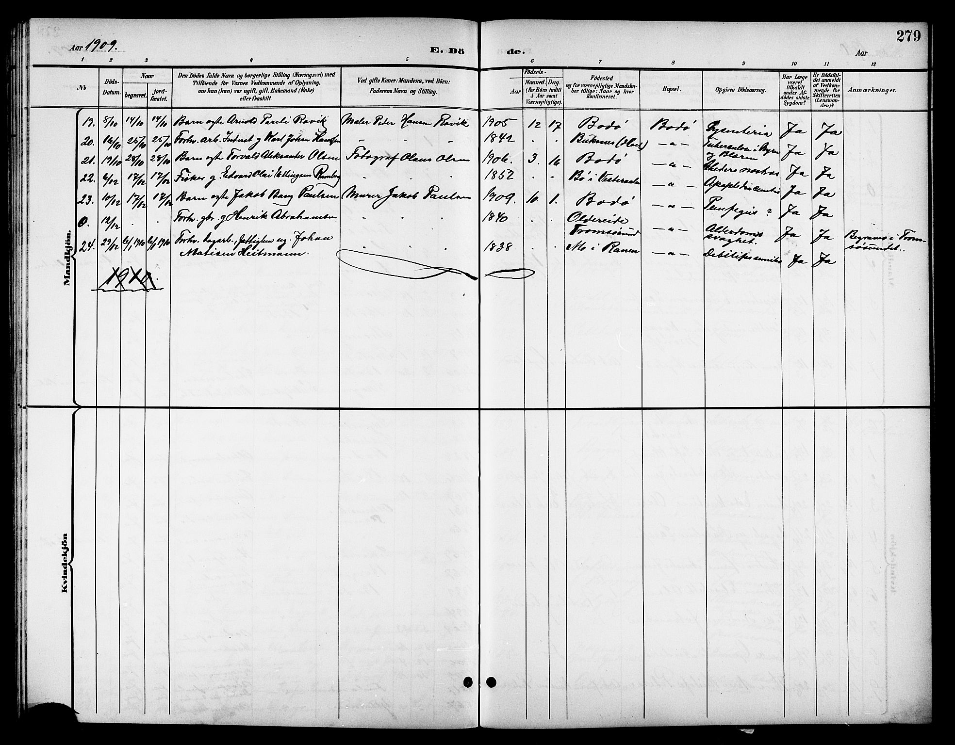 Ministerialprotokoller, klokkerbøker og fødselsregistre - Nordland, SAT/A-1459/801/L0033: Parish register (copy) no. 801C08, 1898-1910, p. 279