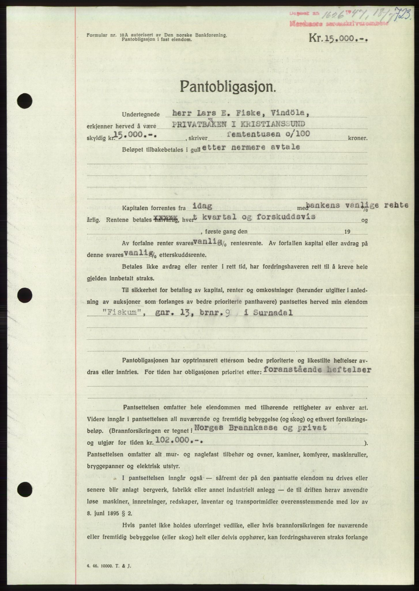 Nordmøre sorenskriveri, AV/SAT-A-4132/1/2/2Ca: Mortgage book no. B96, 1947-1947, Diary no: : 1626/1947