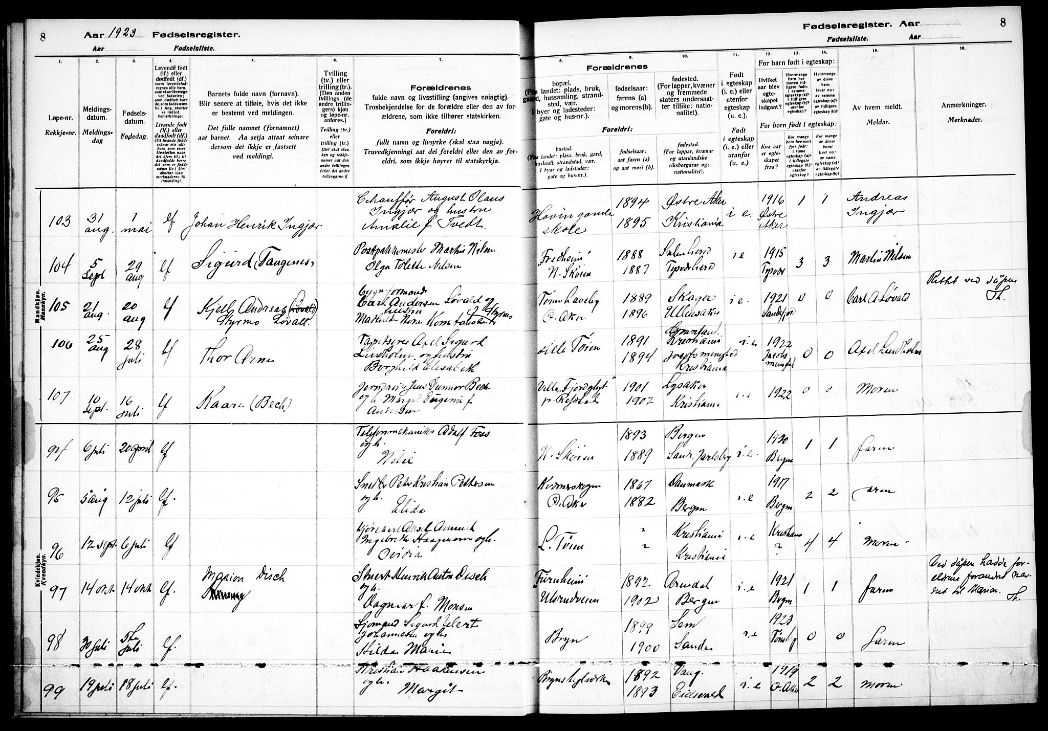 Østre Aker prestekontor Kirkebøker, AV/SAO-A-10840/J/Ja/L0002: Birth register no. I 2, 1923-1927, p. 8