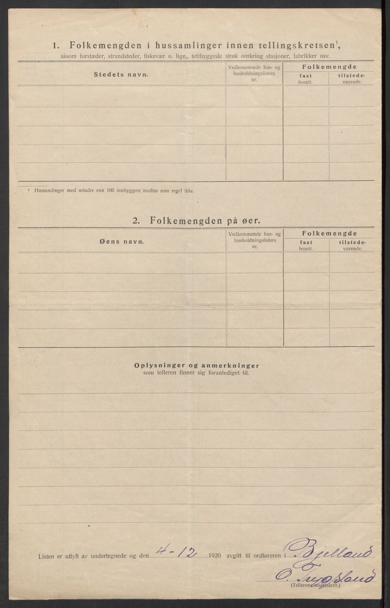 SAK, 1920 census for Bjelland, 1920, p. 19