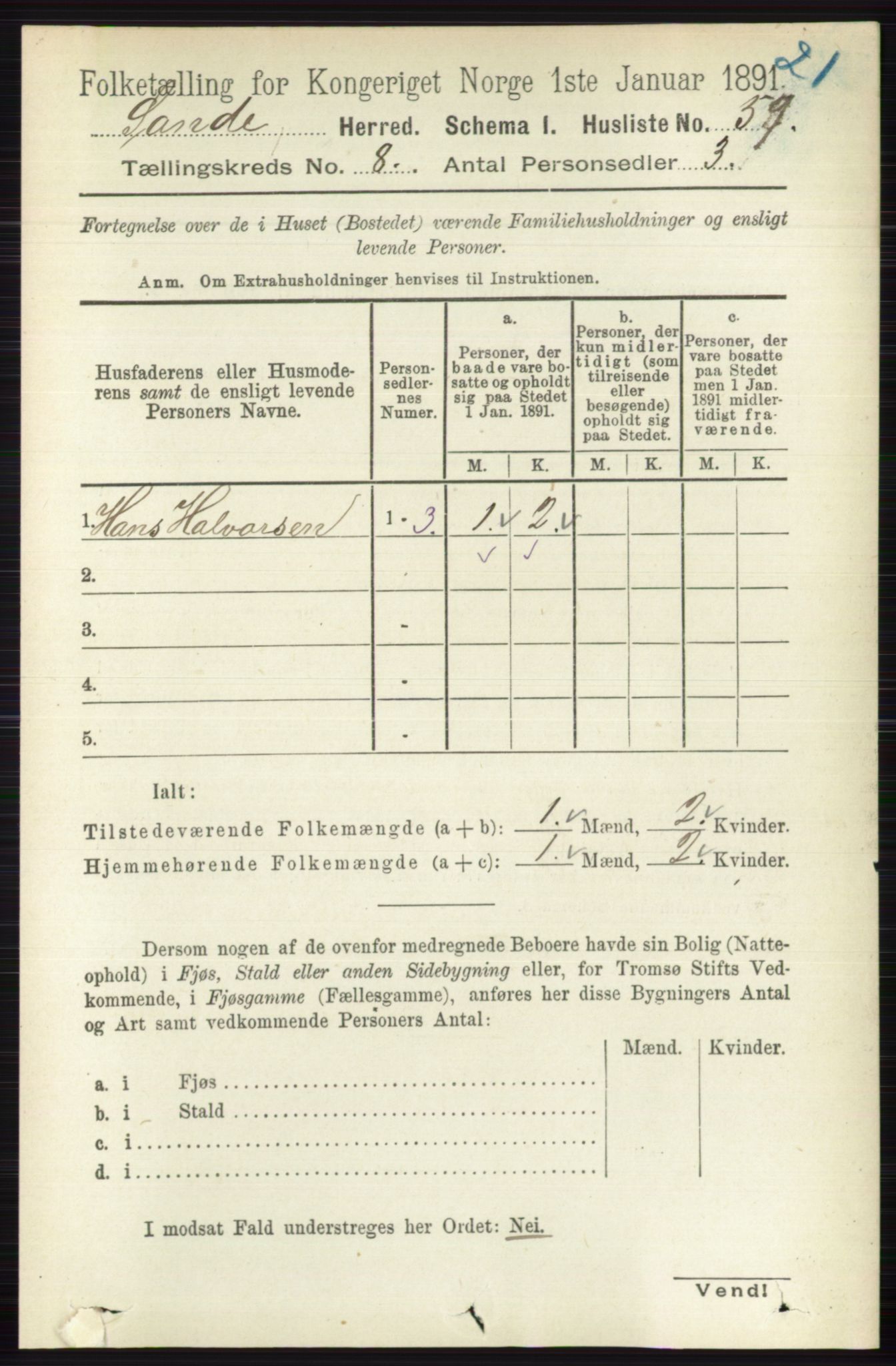 RA, 1891 census for 0713 Sande, 1891, p. 3524