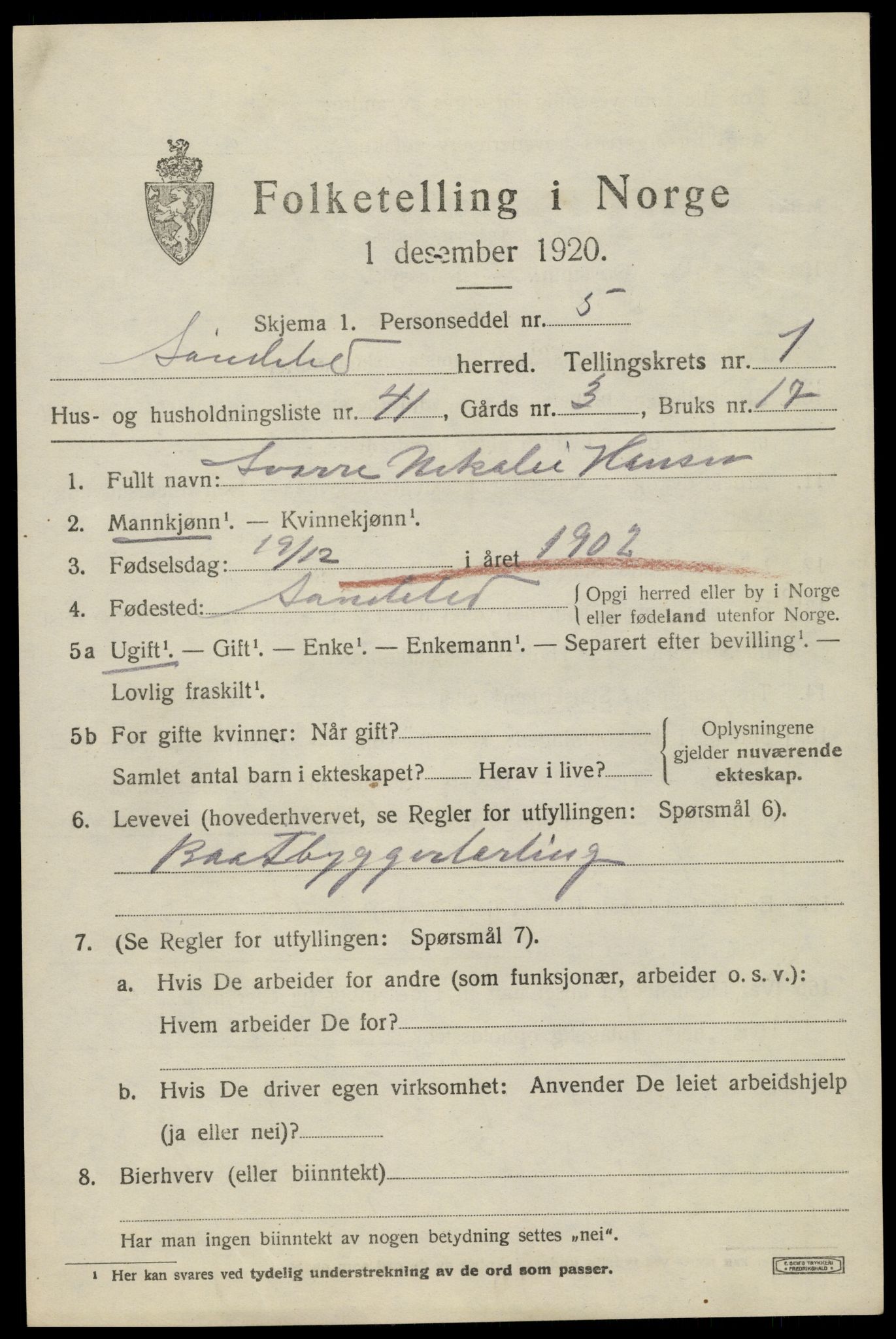 SAK, 1920 census for Søndeled, 1920, p. 1707