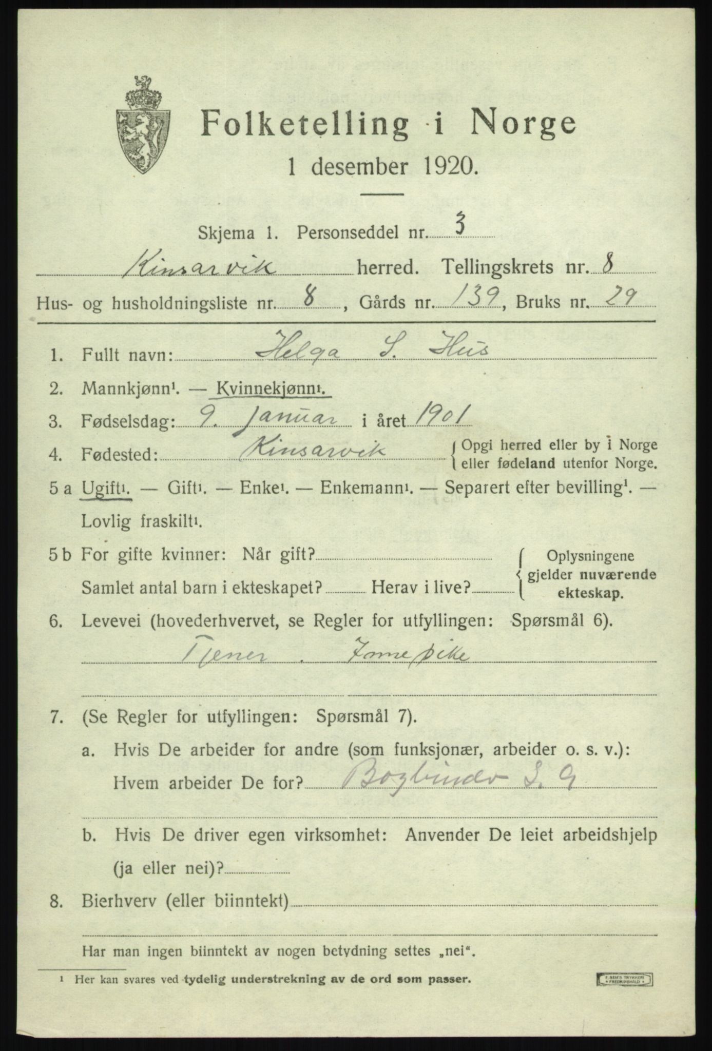 SAB, 1920 census for Kinsarvik, 1920, p. 3694