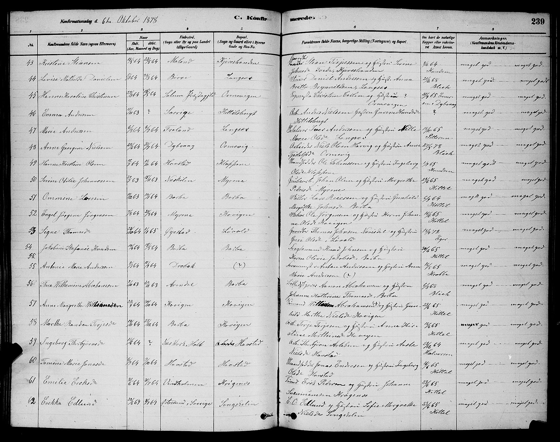 Barbu sokneprestkontor, AV/SAK-1111-0003/F/Fb/L0001: Parish register (copy) no. B 1, 1878-1890, p. 239