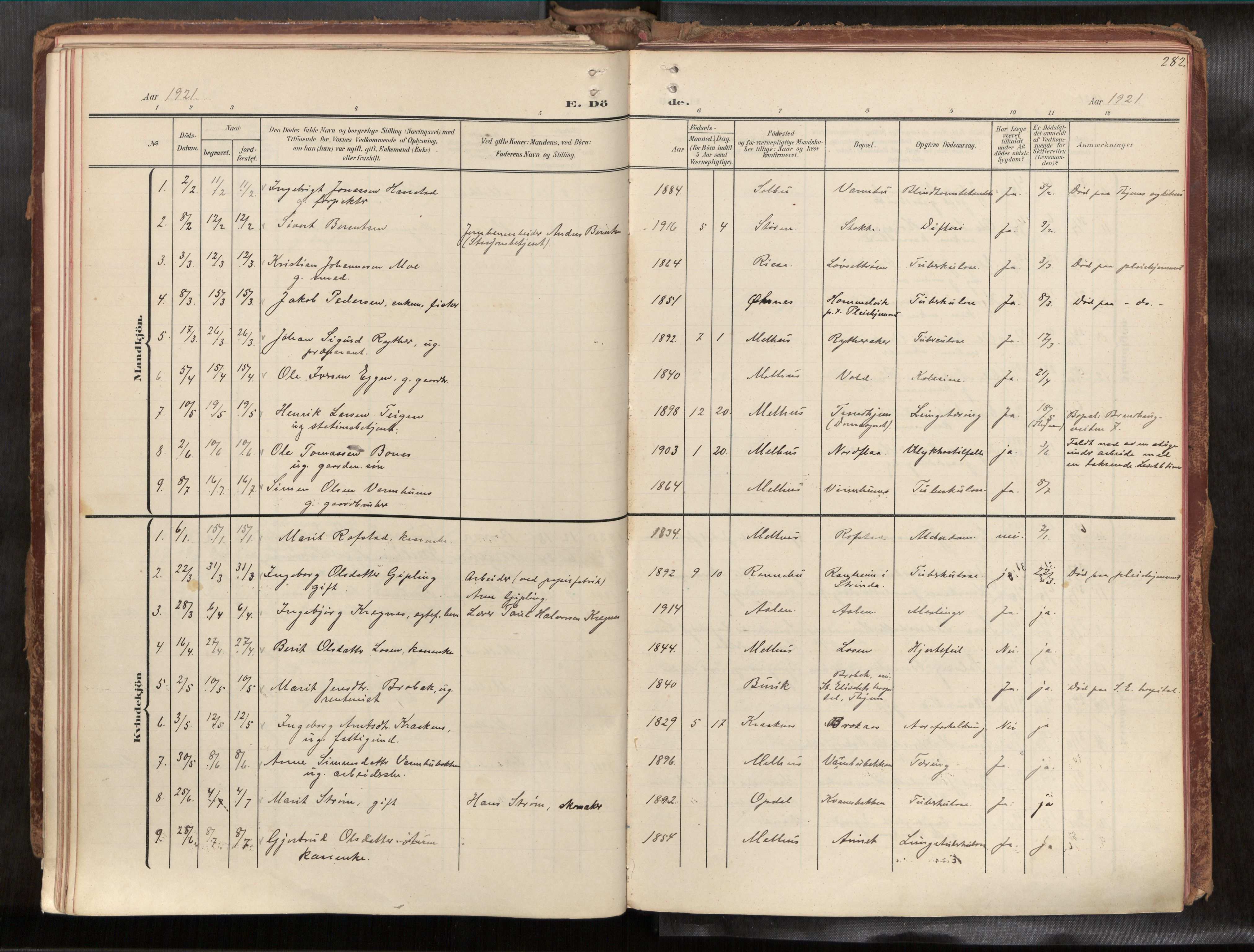 Ministerialprotokoller, klokkerbøker og fødselsregistre - Sør-Trøndelag, AV/SAT-A-1456/691/L1085b: Parish register (official) no. 691A18, 1908-1930, p. 282