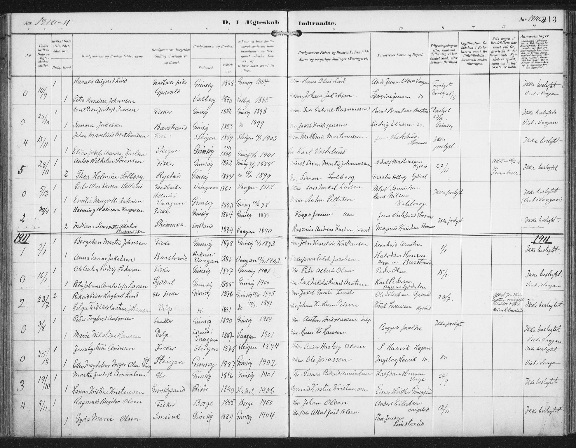 Ministerialprotokoller, klokkerbøker og fødselsregistre - Nordland, AV/SAT-A-1459/876/L1098: Parish register (official) no. 876A04, 1896-1915, p. 213