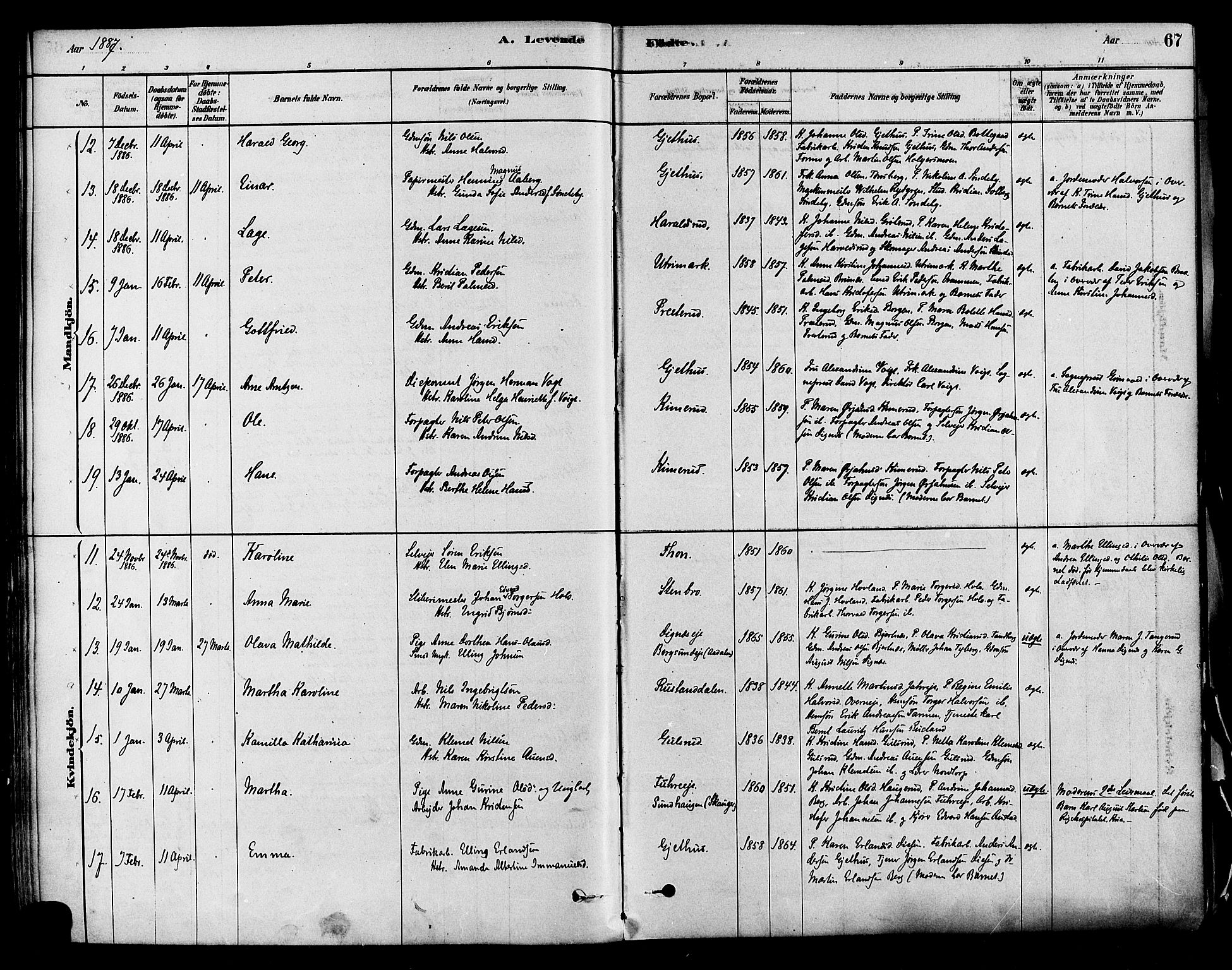 Modum kirkebøker, AV/SAKO-A-234/F/Fa/L0011: Parish register (official) no. 11, 1877-1889, p. 67