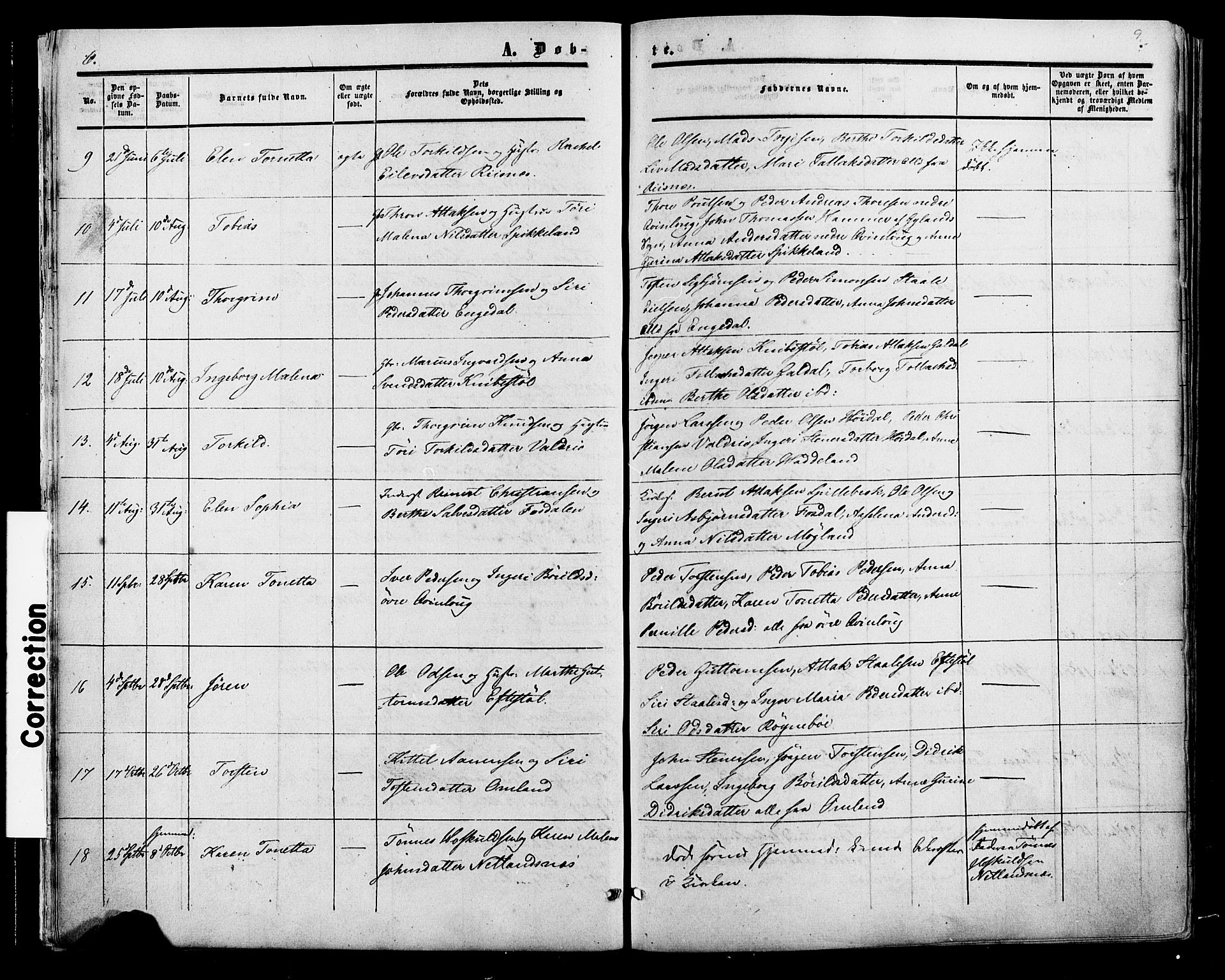 Fjotland sokneprestkontor, AV/SAK-1111-0010/F/Fa/L0001: Parish register (official) no. A 1, 1850-1879, p. 9