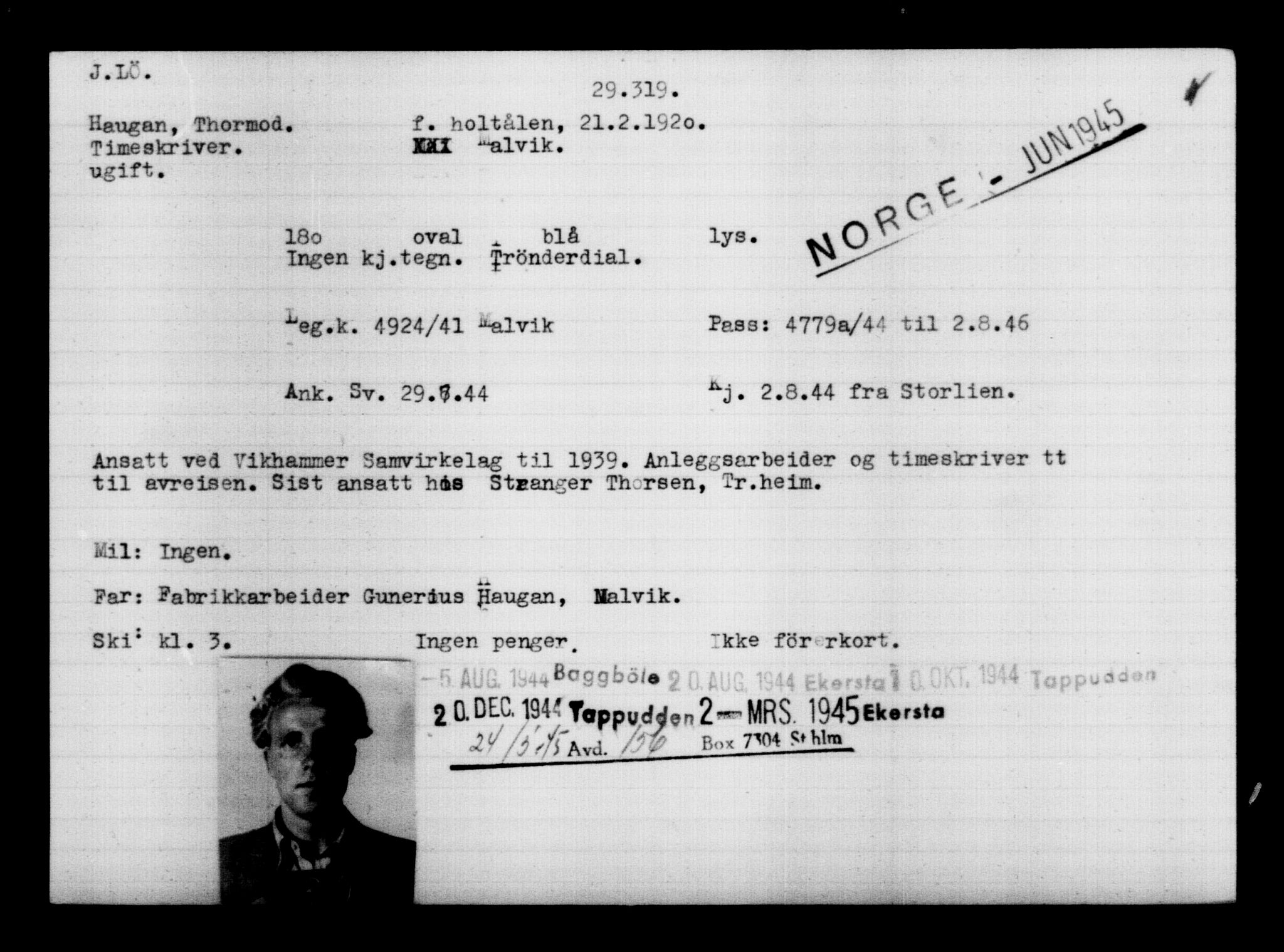 Utenriksstasjonene, Legasjonen i Stockholm, Flyktningkontoret, AV/RA-S-6753/V/Va/L0012: Kjesäterkartoteket, flyktninger med registreringsnr. 28300-31566, 1940-1945, p. 1117