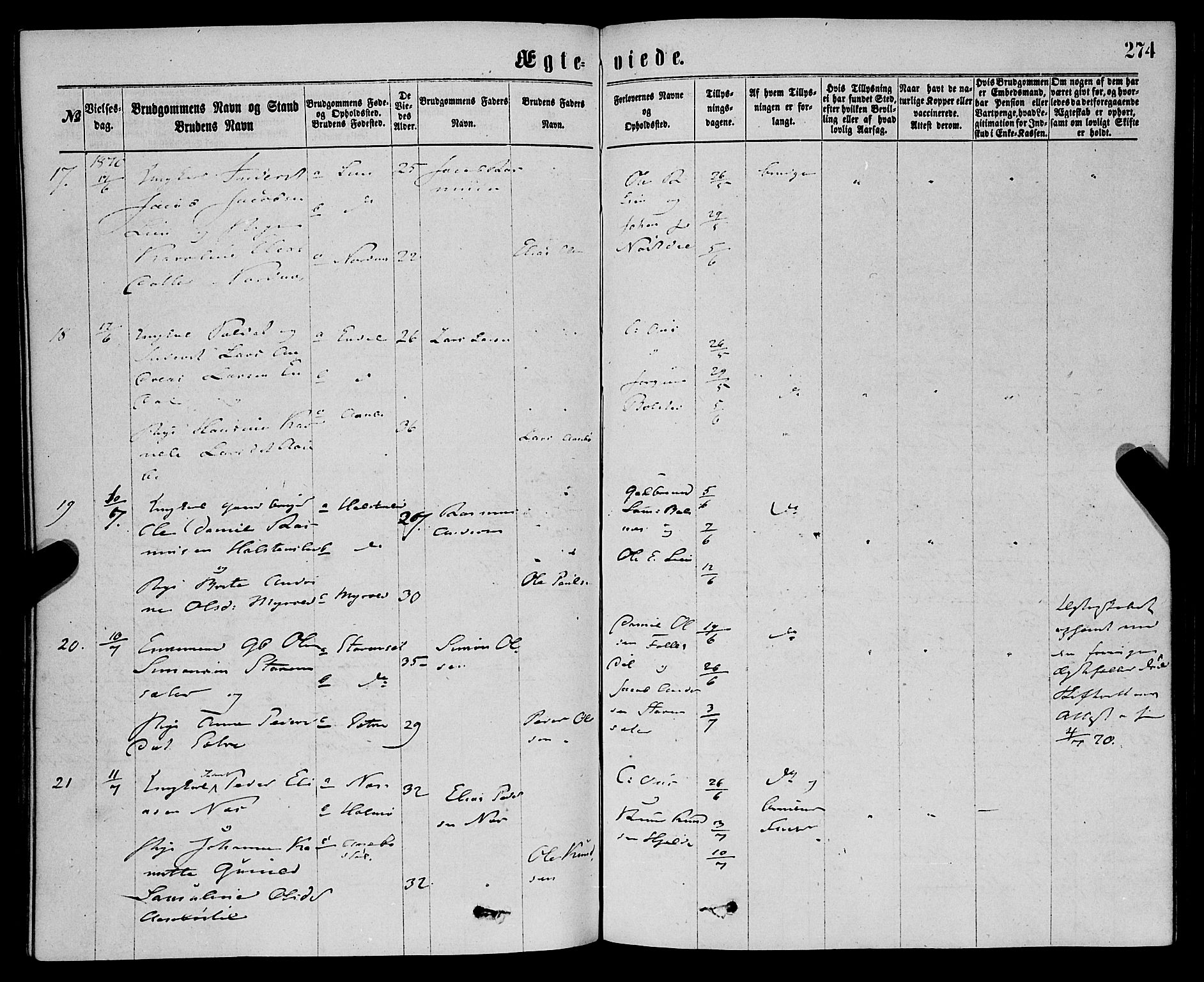 Eid sokneprestembete, AV/SAB-A-82301/H/Haa/Haaa/L0010: Parish register (official) no. A 10, 1867-1878, p. 274