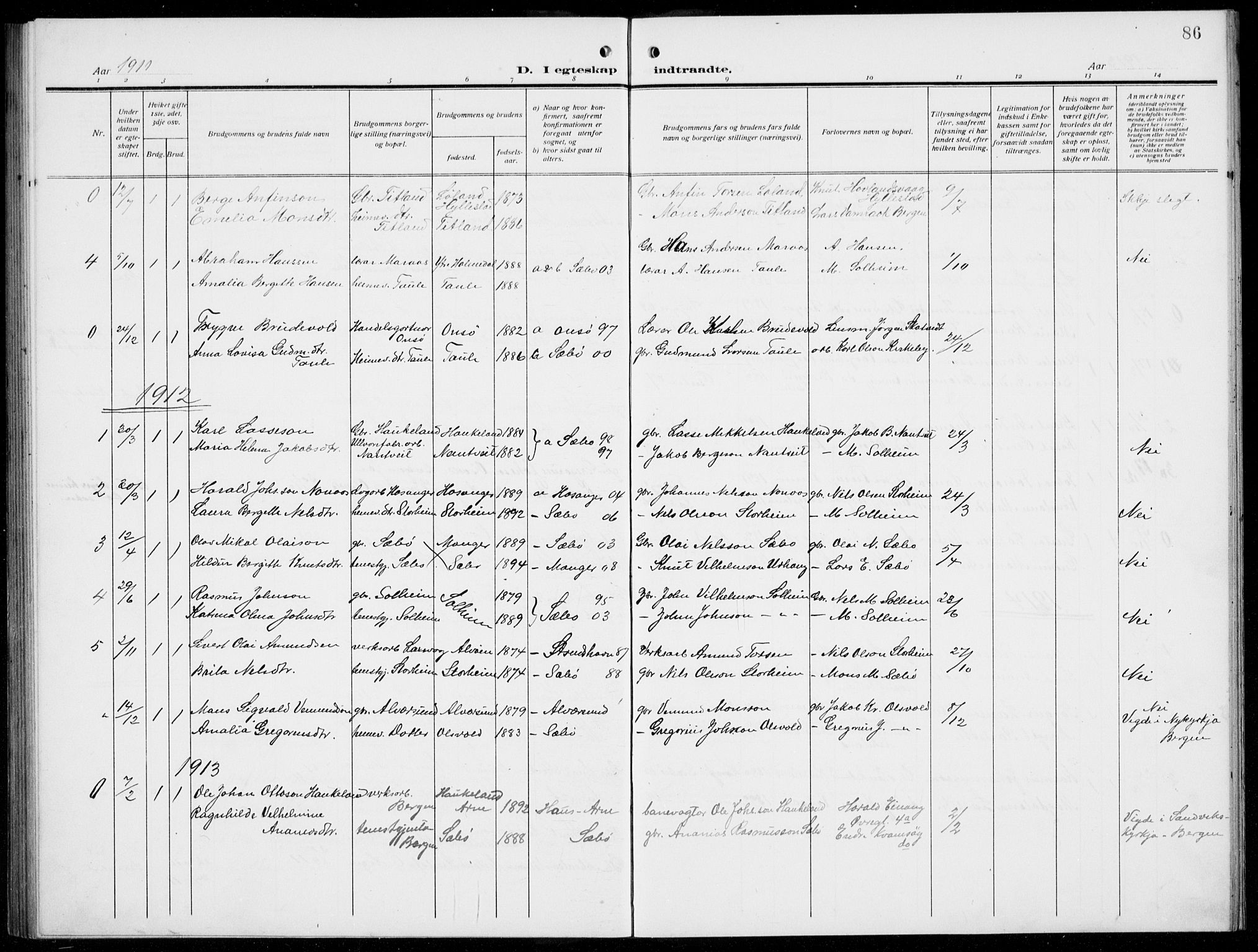 Manger sokneprestembete, AV/SAB-A-76801/H/Hab: Parish register (copy) no. D  4, 1910-1935, p. 86