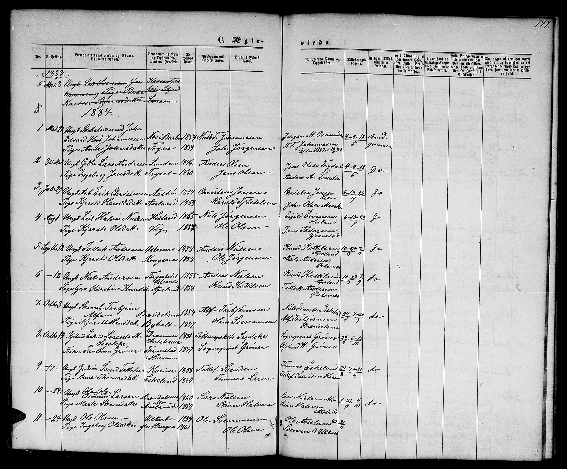 Gjerstad sokneprestkontor, AV/SAK-1111-0014/F/Fb/Fba/L0006: Parish register (copy) no. B 6, 1868-1890, p. 147