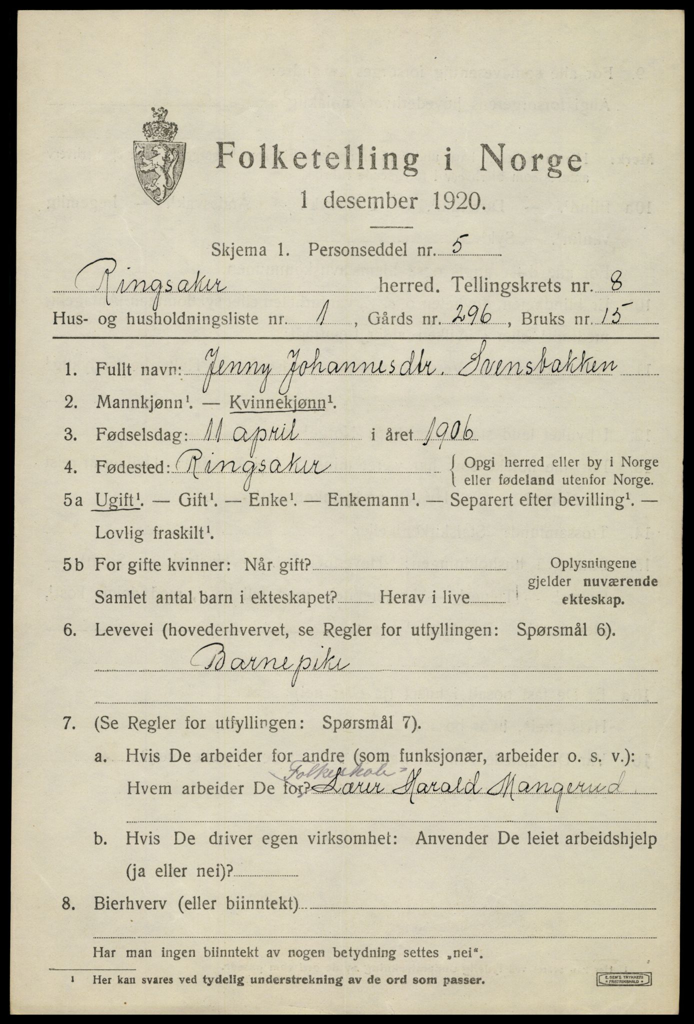 SAH, 1920 census for Ringsaker, 1920, p. 16962