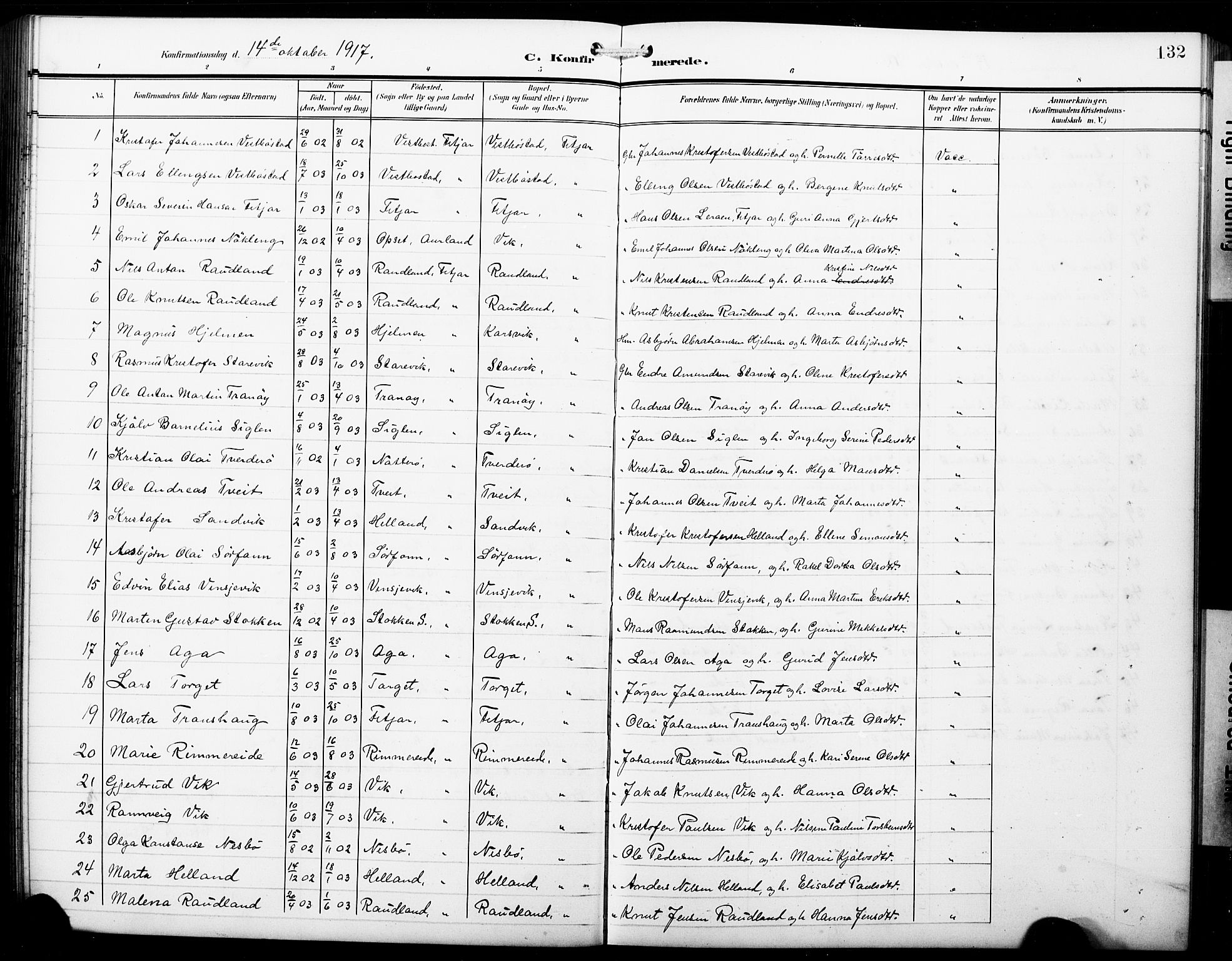 Fitjar sokneprestembete, SAB/A-99926: Parish register (copy) no. B 1, 1906-1928, p. 132