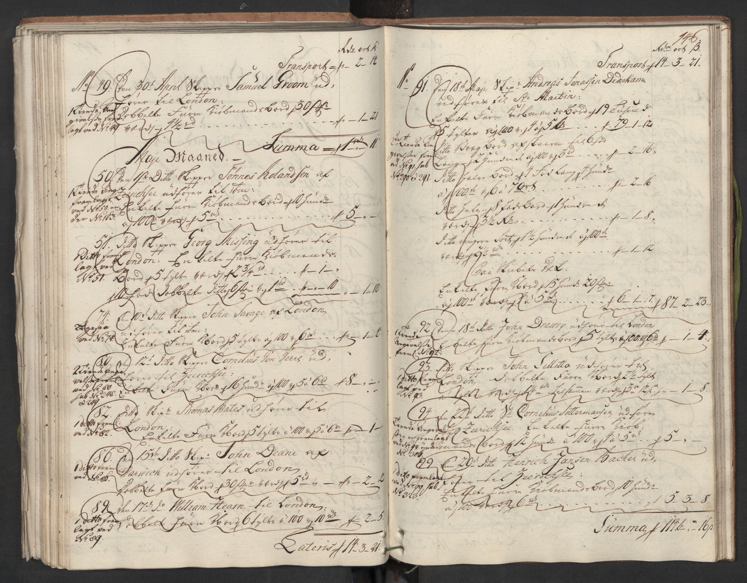 Generaltollkammeret, tollregnskaper, AV/RA-EA-5490/R22/L0024/0001: Tollregnskaper Stavanger / Hovedtollbok, 1762, p. 145b-146a