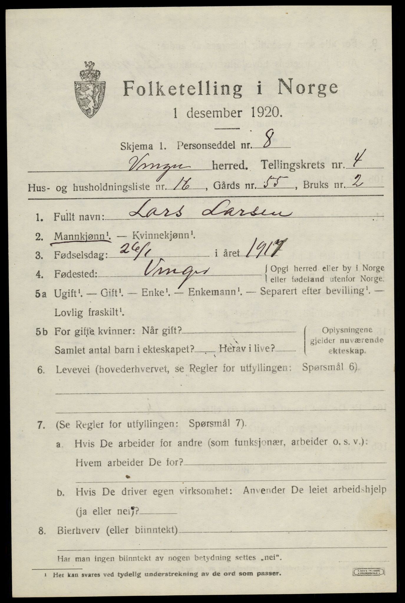 SAH, 1920 census for Vinger, 1920, p. 5432