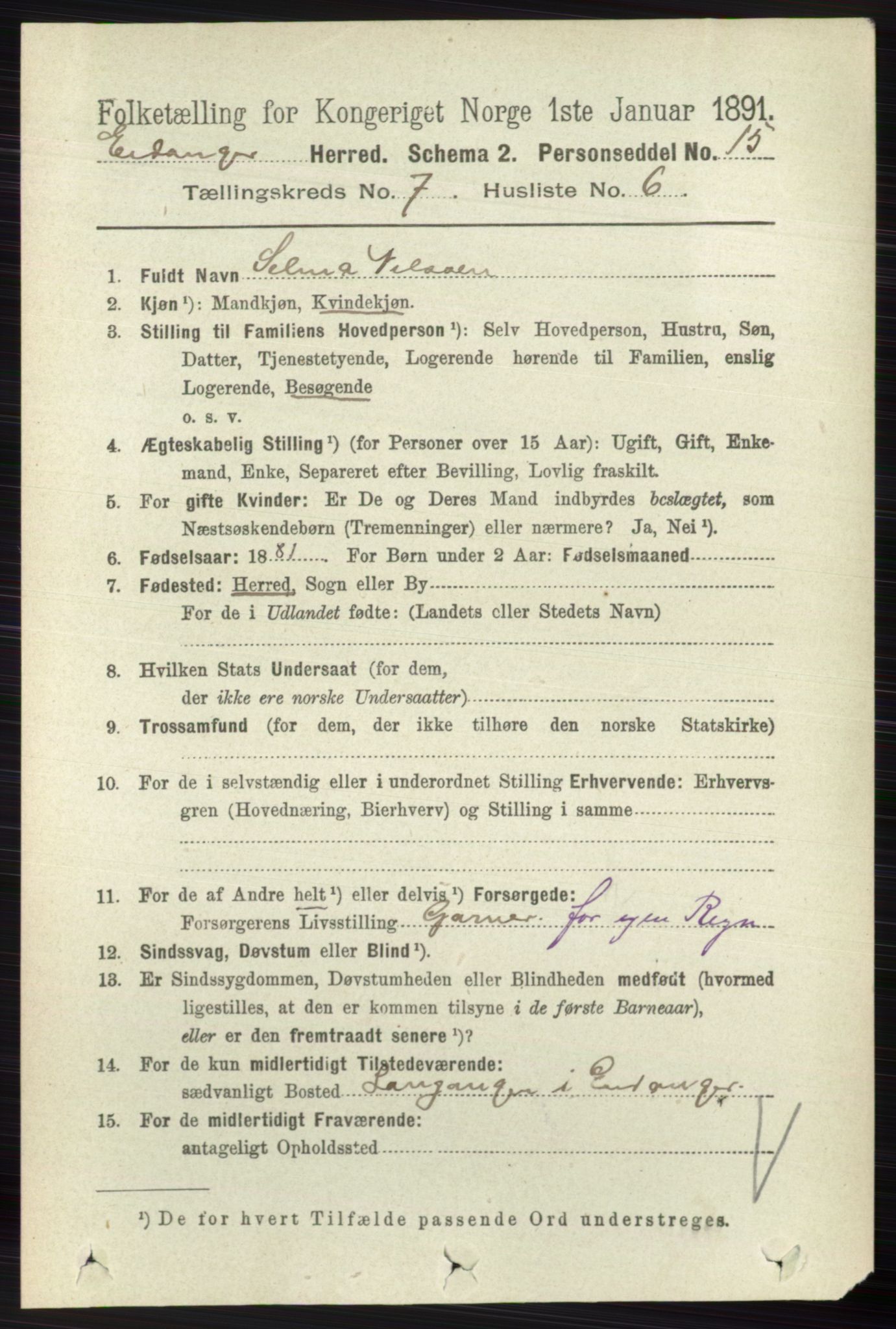 RA, 1891 census for 0813 Eidanger, 1891, p. 2785