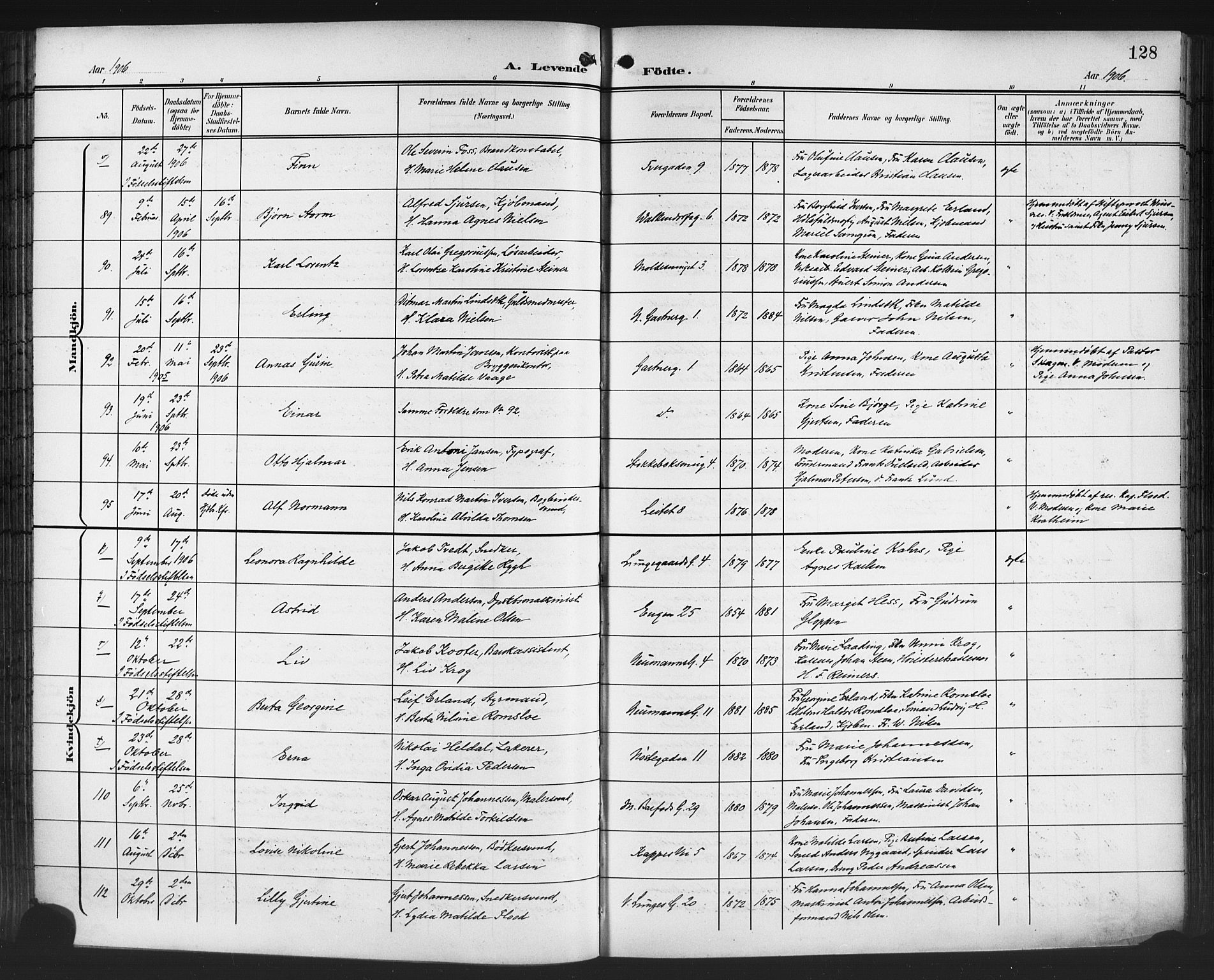 Domkirken sokneprestembete, AV/SAB-A-74801/H/Hab/L0017: Parish register (copy) no. B 10, 1900-1915, p. 128