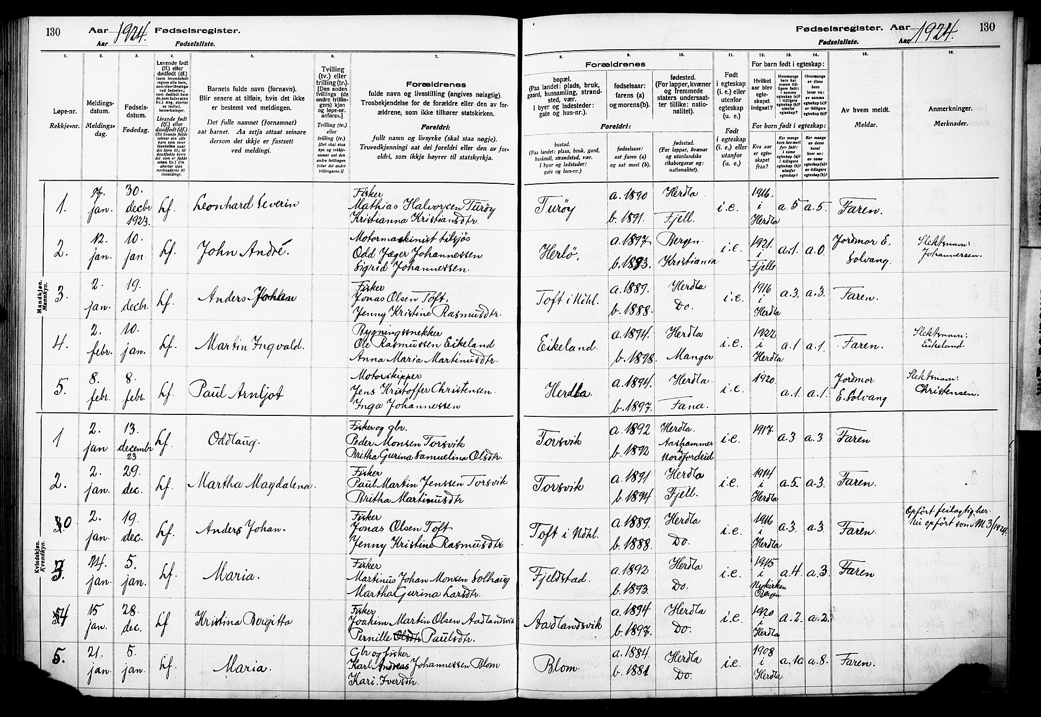 Herdla Sokneprestembete, AV/SAB-A-75701/I/Id/L00A1: Birth register no. A 1, 1916-1929, p. 130