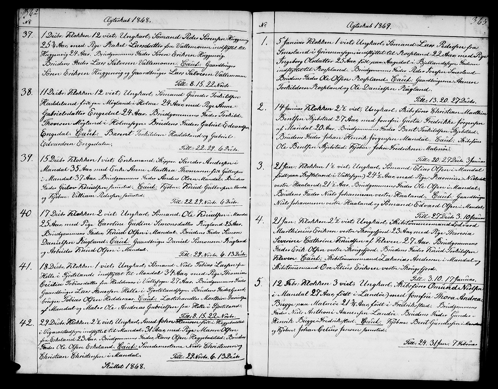 Mandal sokneprestkontor, SAK/1111-0030/F/Fb/Fba/L0009: Parish register (copy) no. B 3, 1867-1877, p. 362-363