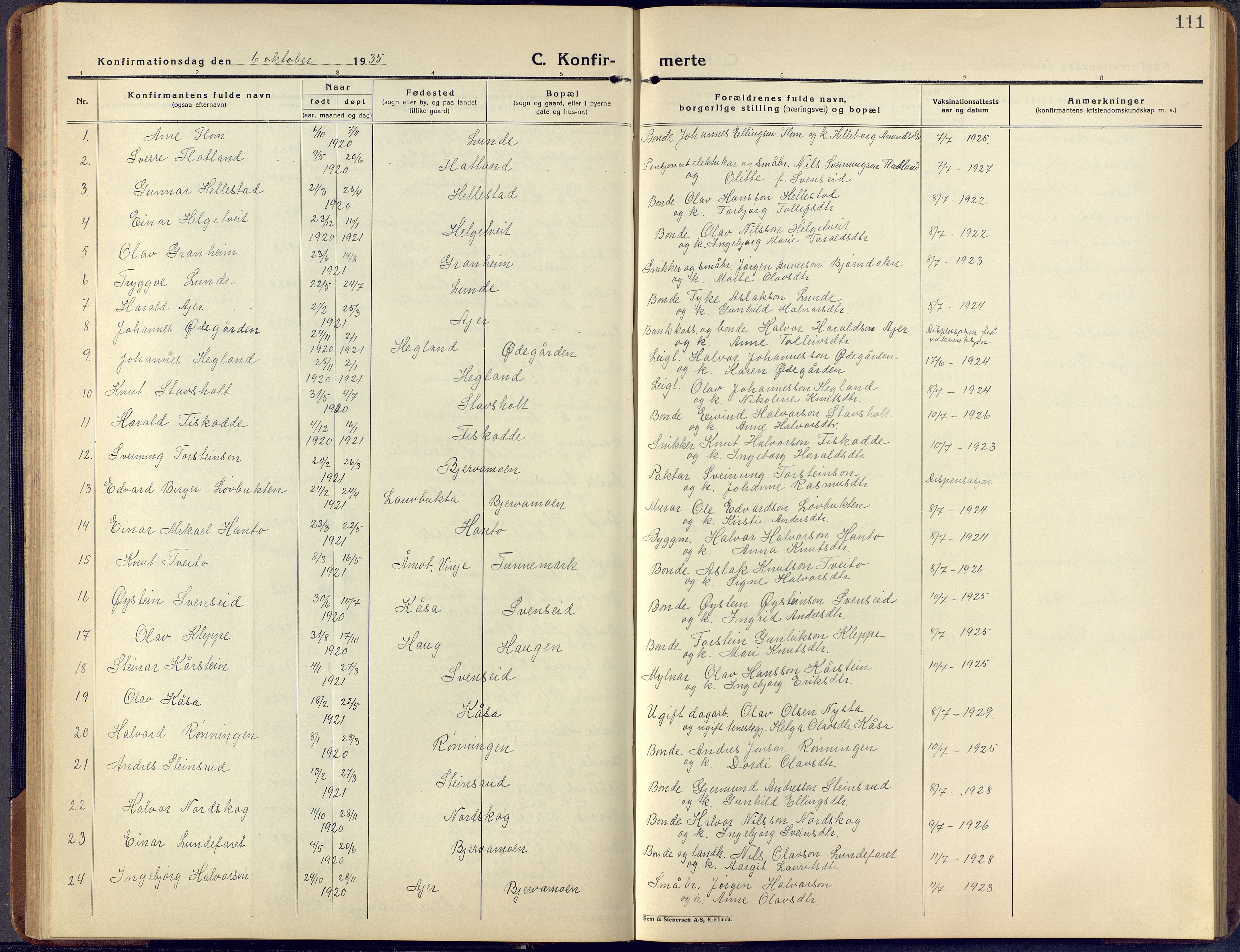 Lunde kirkebøker, AV/SAKO-A-282/F/Fa/L0006: Parish register (official) no. I 6, 1922-1940, p. 111