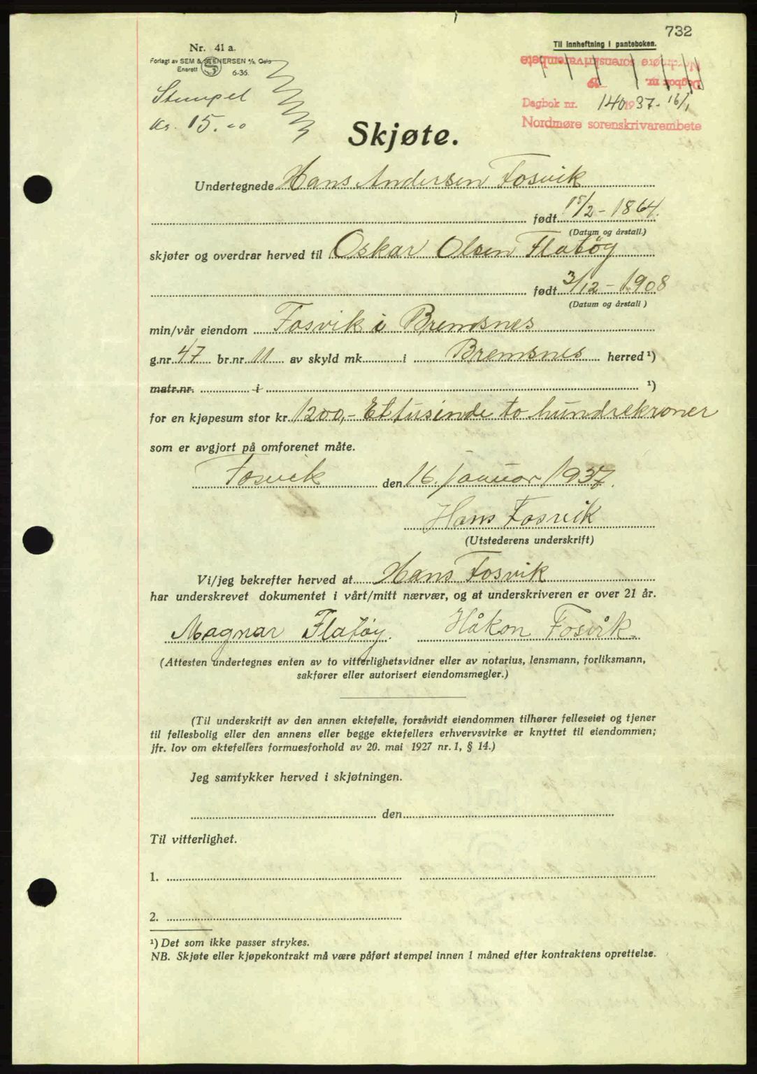 Nordmøre sorenskriveri, AV/SAT-A-4132/1/2/2Ca: Mortgage book no. A80, 1936-1937, Diary no: : 140/1937