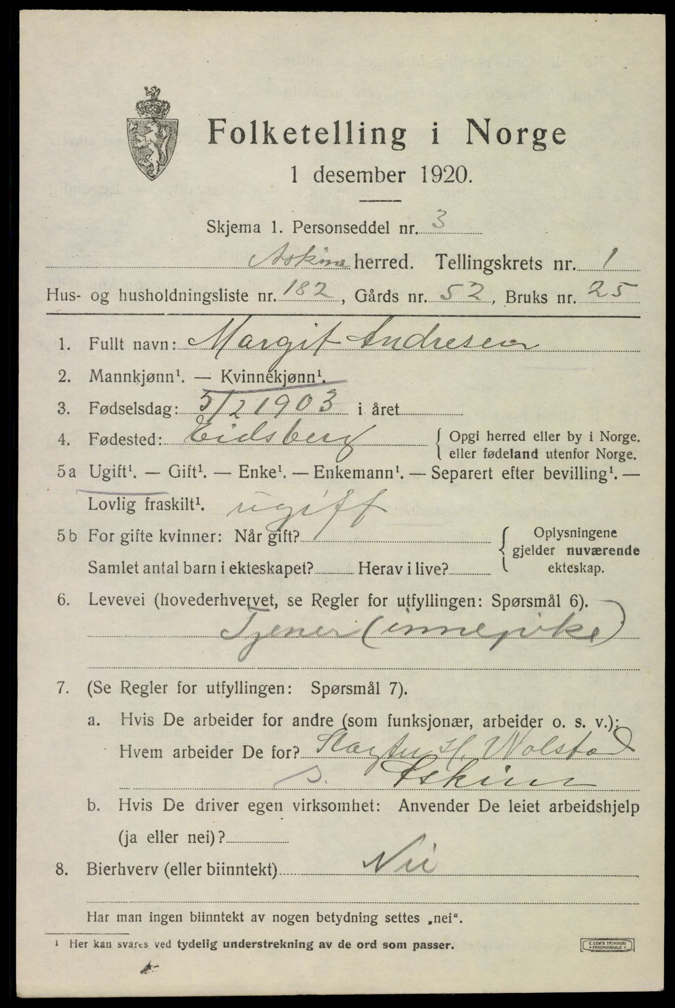 SAO, 1920 census for Askim, 1920, p. 4555