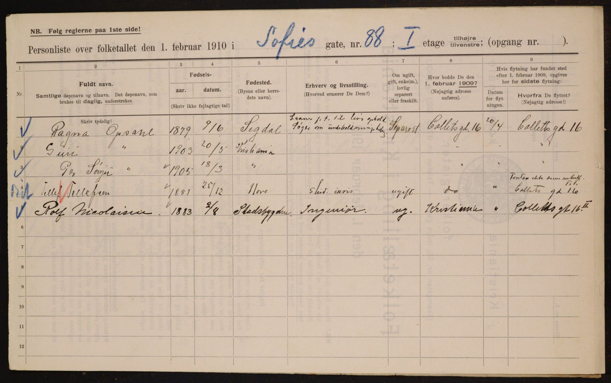 OBA, Municipal Census 1910 for Kristiania, 1910, p. 94662