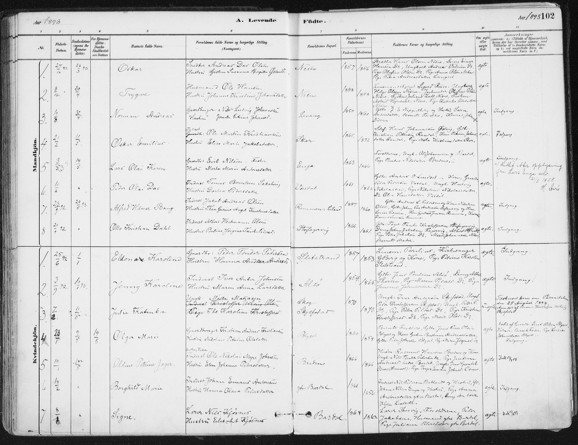 Ministerialprotokoller, klokkerbøker og fødselsregistre - Nordland, AV/SAT-A-1459/838/L0552: Parish register (official) no. 838A10, 1880-1910, p. 102