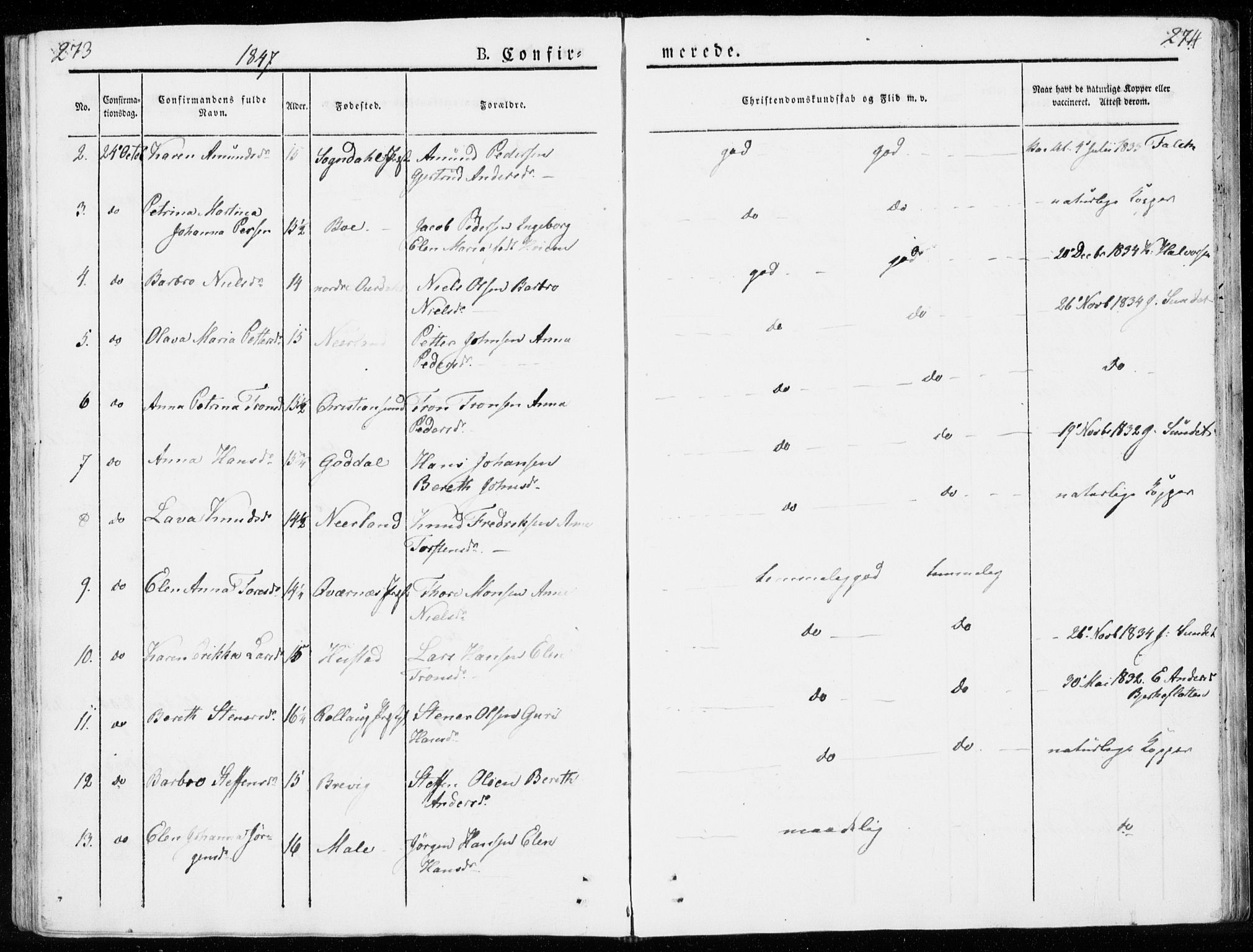 Ministerialprotokoller, klokkerbøker og fødselsregistre - Møre og Romsdal, AV/SAT-A-1454/566/L0766: Parish register (official) no. 566A05, 1842-1851, p. 273-274