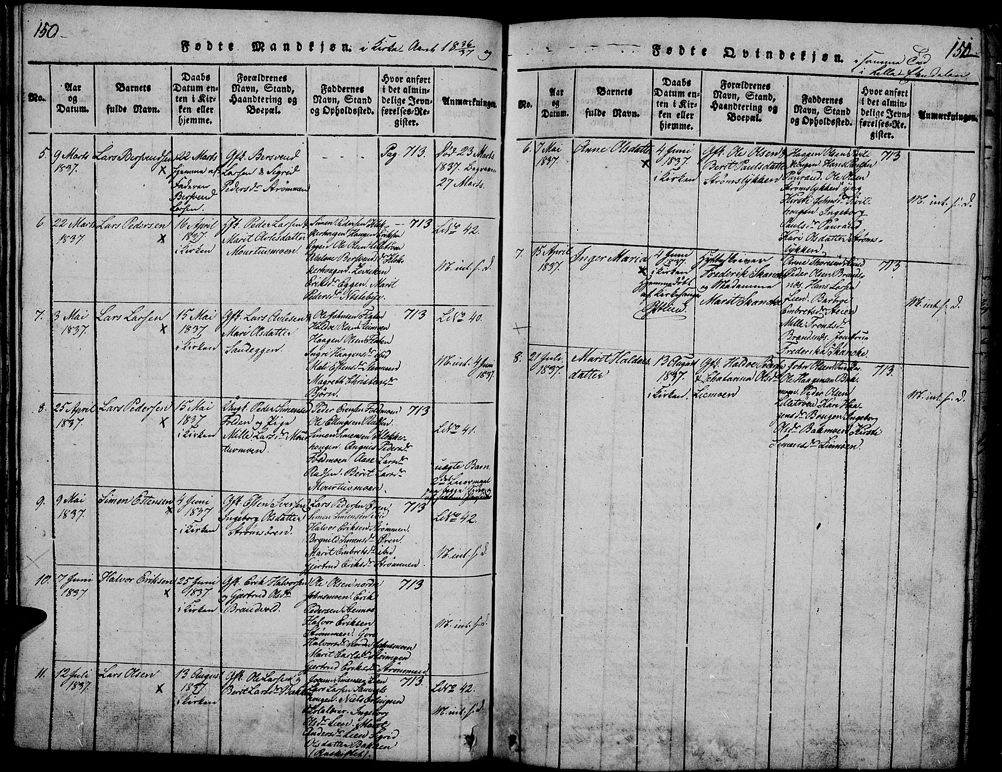 Tynset prestekontor, SAH/PREST-058/H/Ha/Hab/L0002: Parish register (copy) no. 2, 1814-1862, p. 150-151
