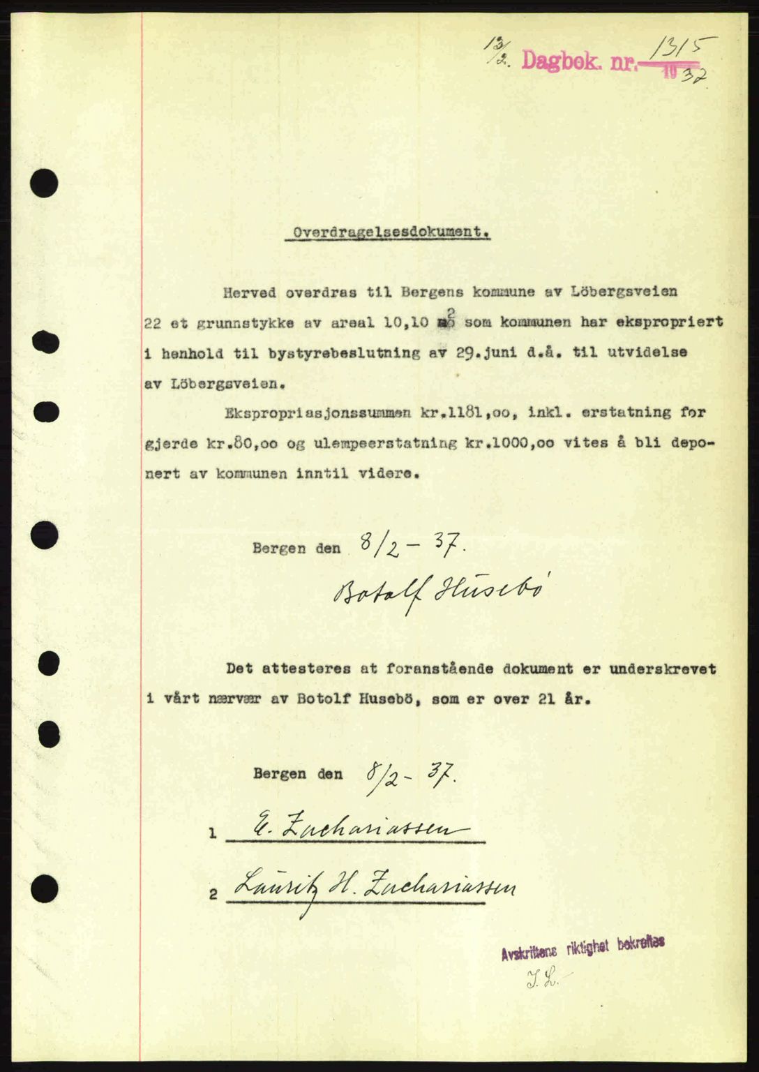Byfogd og Byskriver i Bergen, SAB/A-3401/03/03Bc/L0004: Mortgage book no. A3-4, 1936-1937, Diary no: : 1315/1937