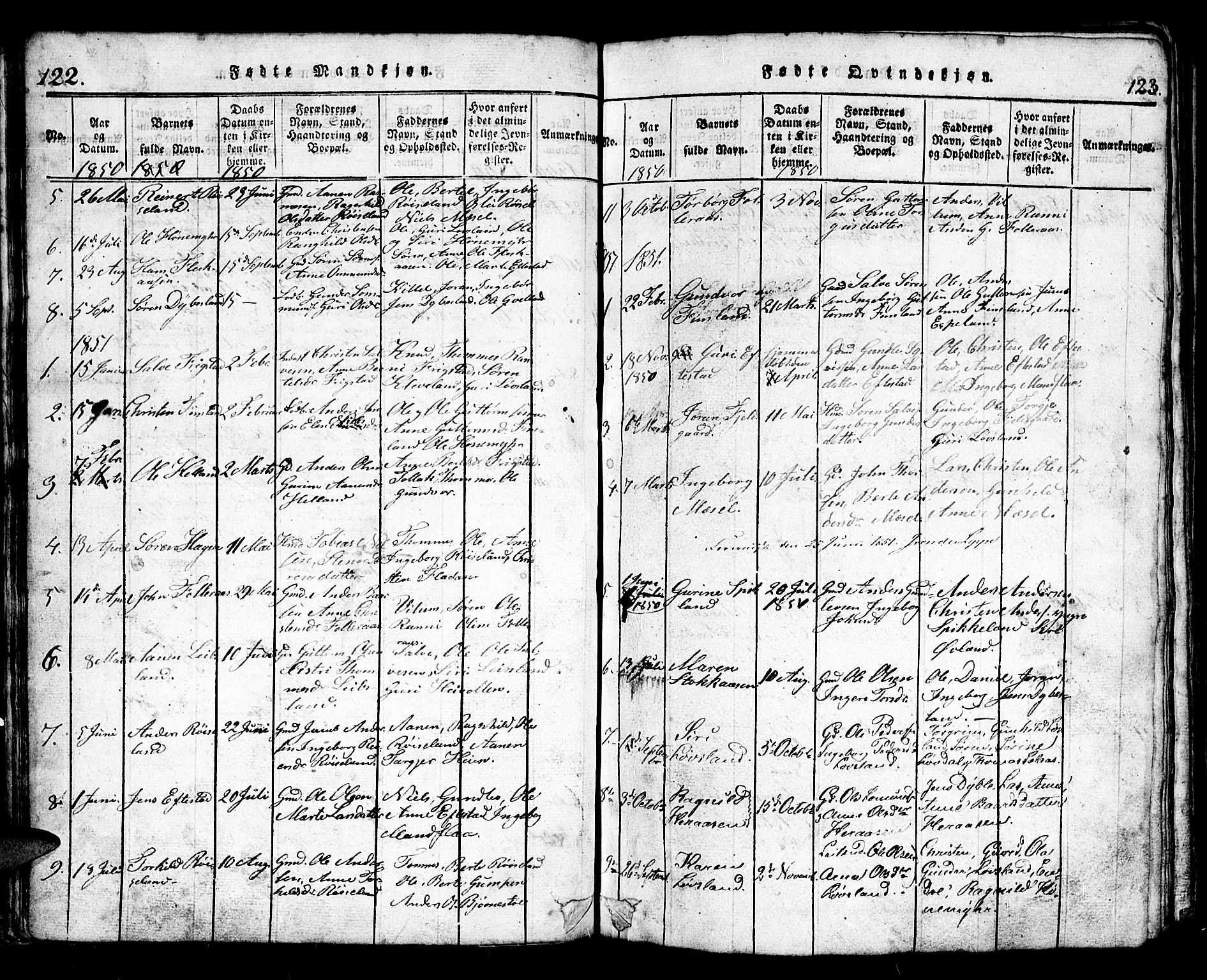 Bjelland sokneprestkontor, SAK/1111-0005/F/Fb/Fbb/L0003: Parish register (copy) no. B 3, 1816-1868, p. 122-123