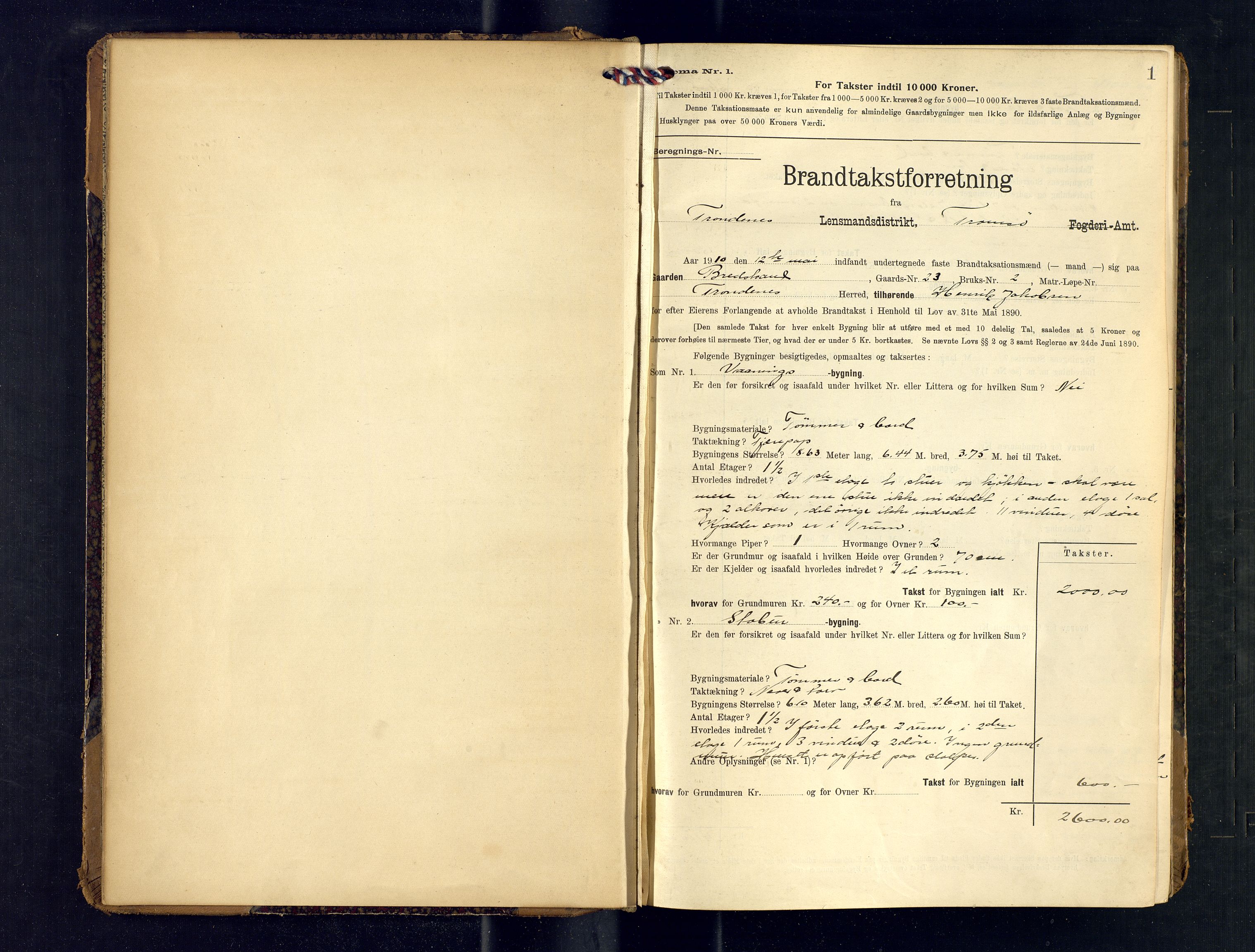 Harstad lensmannskontor, SATØ/SATØ-10/F/Fr/Fra/L0603: Branntakstprotokoll (S). Merket R, 1909-1914, p. 1