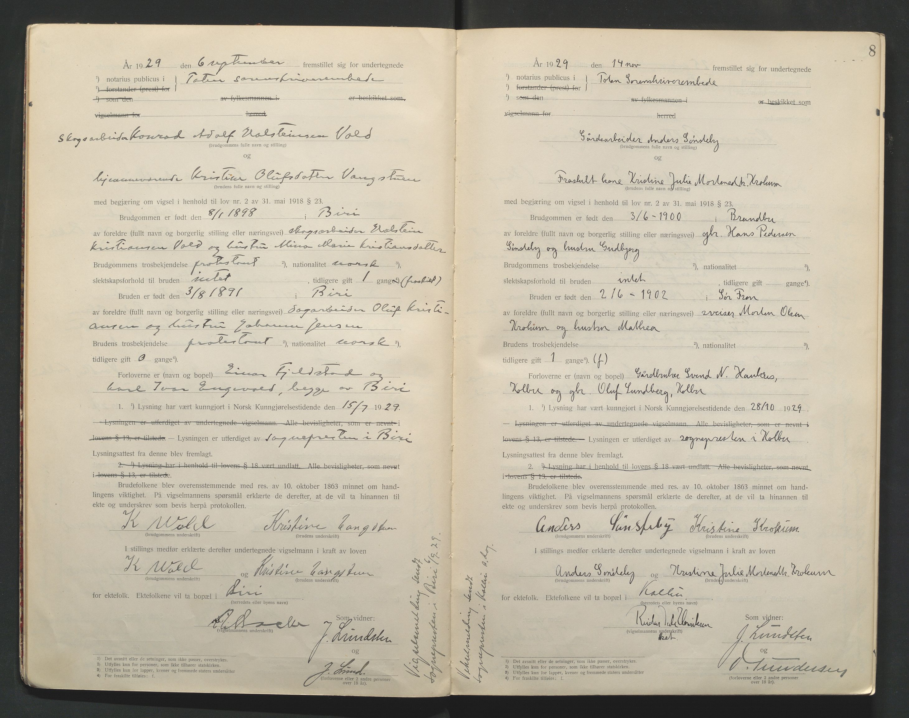 Toten tingrett, AV/SAH-TING-006/L/Lc/L0001: Vigselbok, 1920-1942, p. 8