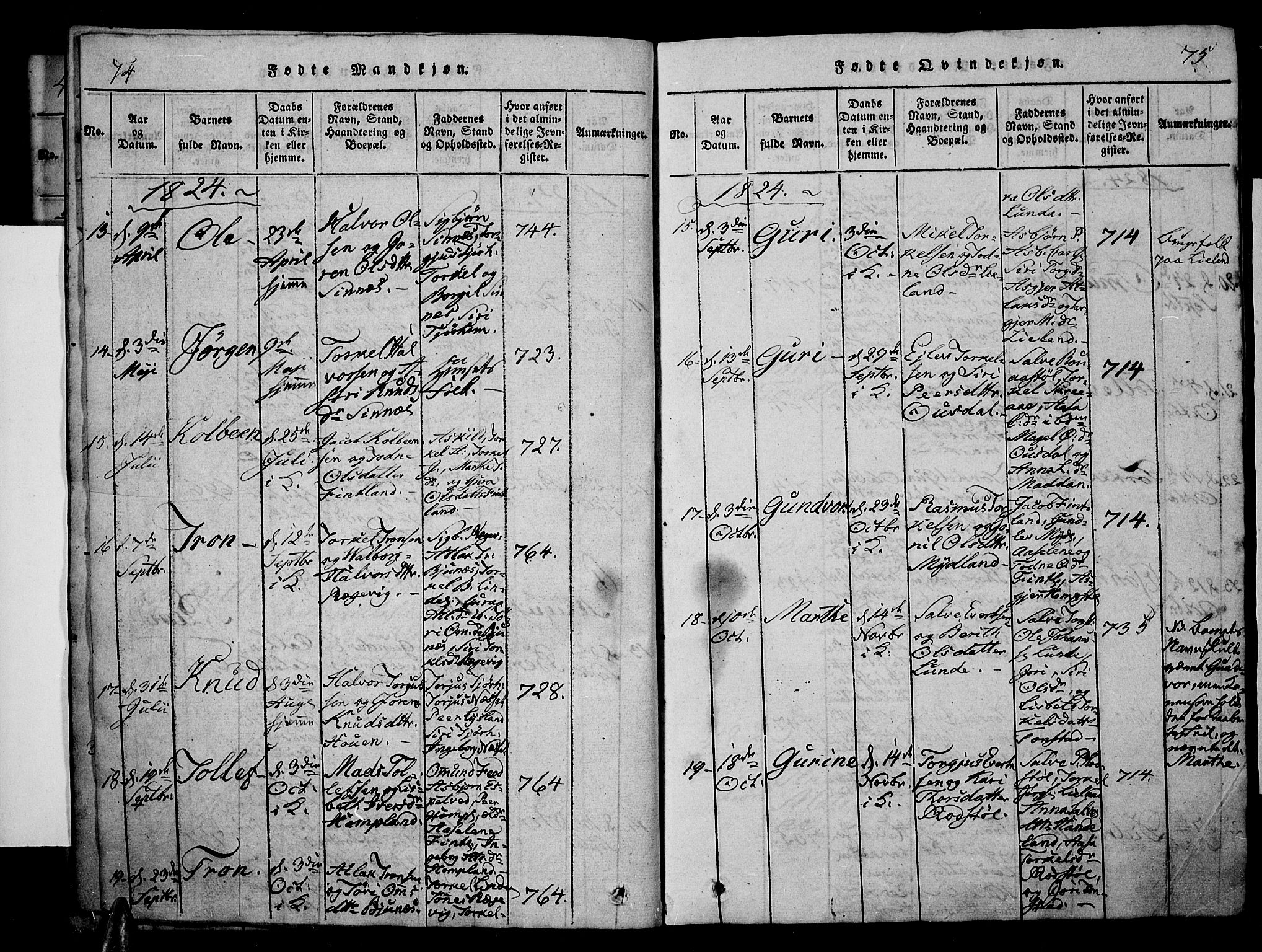 Sirdal sokneprestkontor, SAK/1111-0036/F/Fa/Fab/L0001: Parish register (official) no. A 1, 1815-1834, p. 74-75
