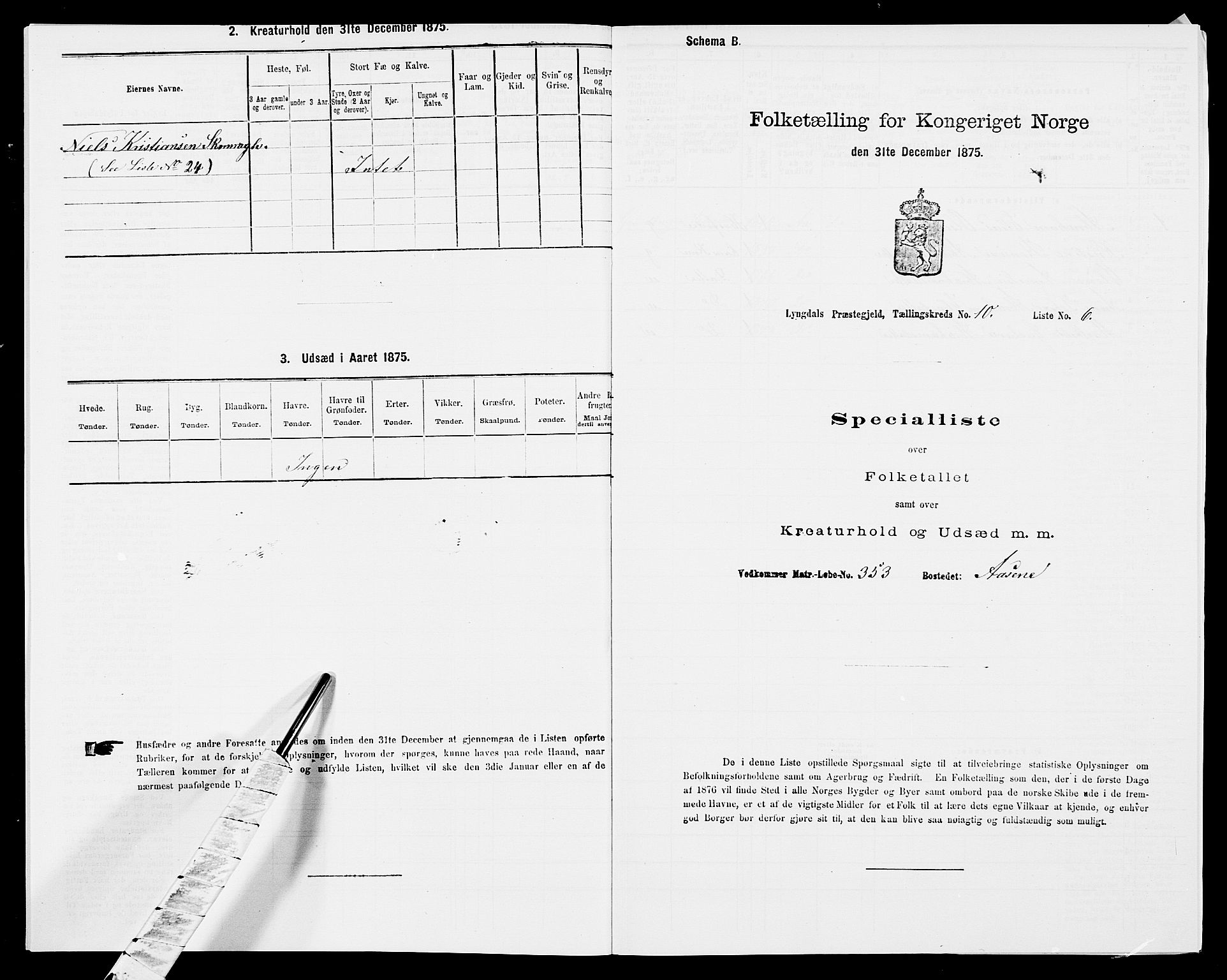 SAK, 1875 census for 1032P Lyngdal, 1875, p. 1531
