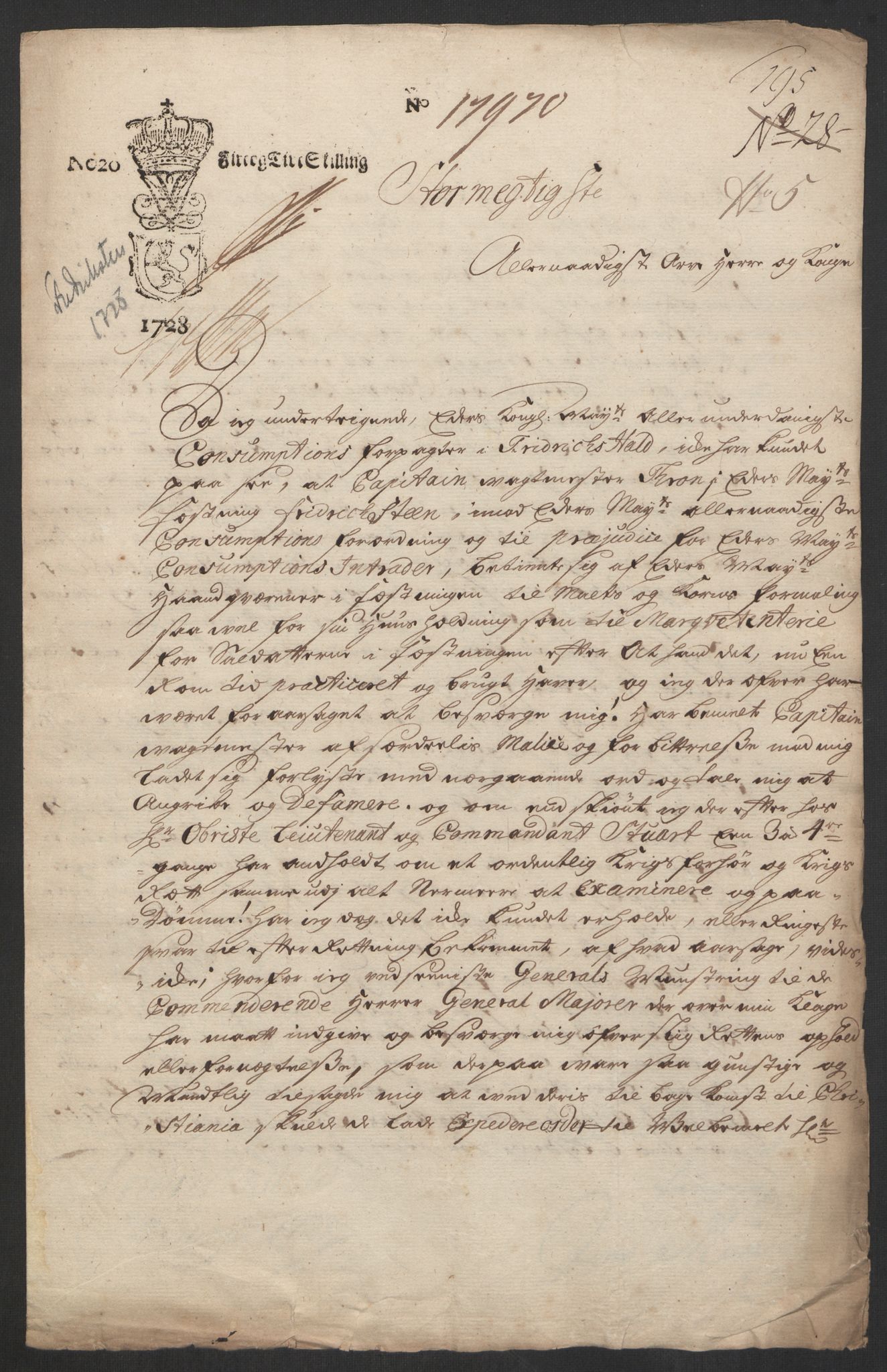 Kommanderende general (KG I) med Det norske krigsdirektorium, RA/EA-5419/D/L0153: Fredriksten festning: Brev, inventarfortegnelser og regnskapsekstrakter, 1724-1729, p. 519