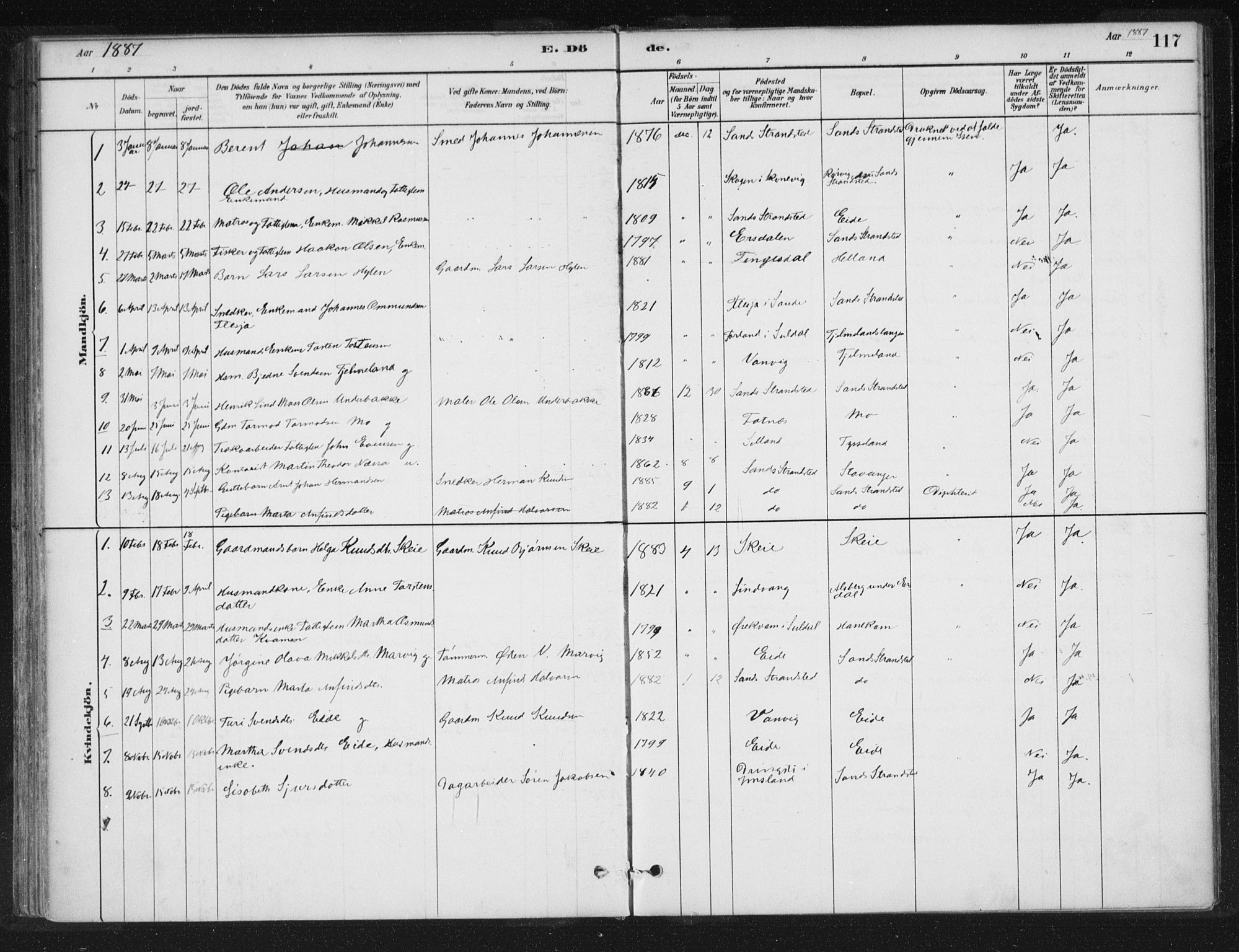 Sand sokneprestkontor, SAST/A-101848/01/III/L0005: Parish register (official) no. A 5, 1880-1898, p. 117