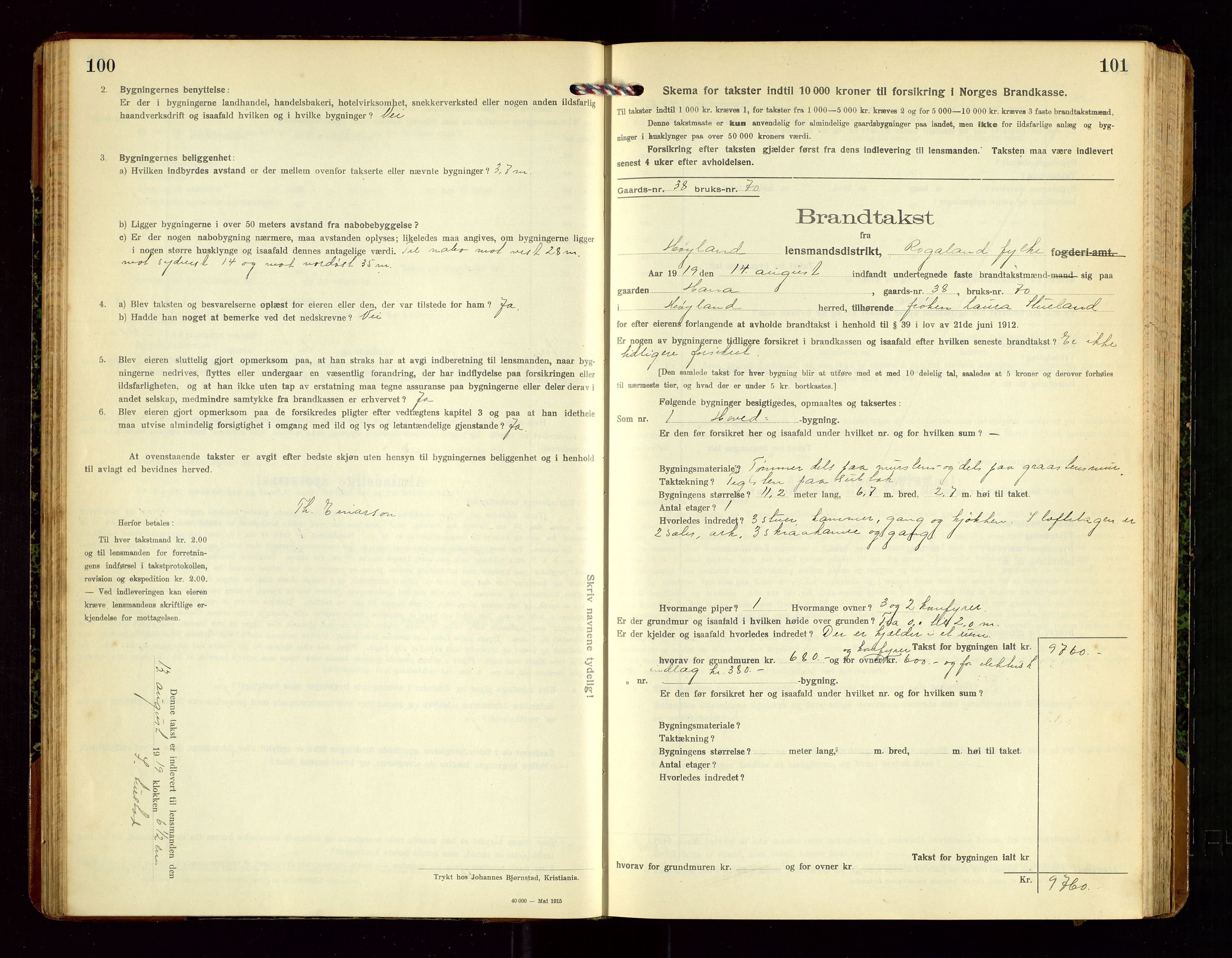 Høyland/Sandnes lensmannskontor, AV/SAST-A-100166/Gob/L0003: "Brandtakstprotokol", 1918-1924, p. 100-101