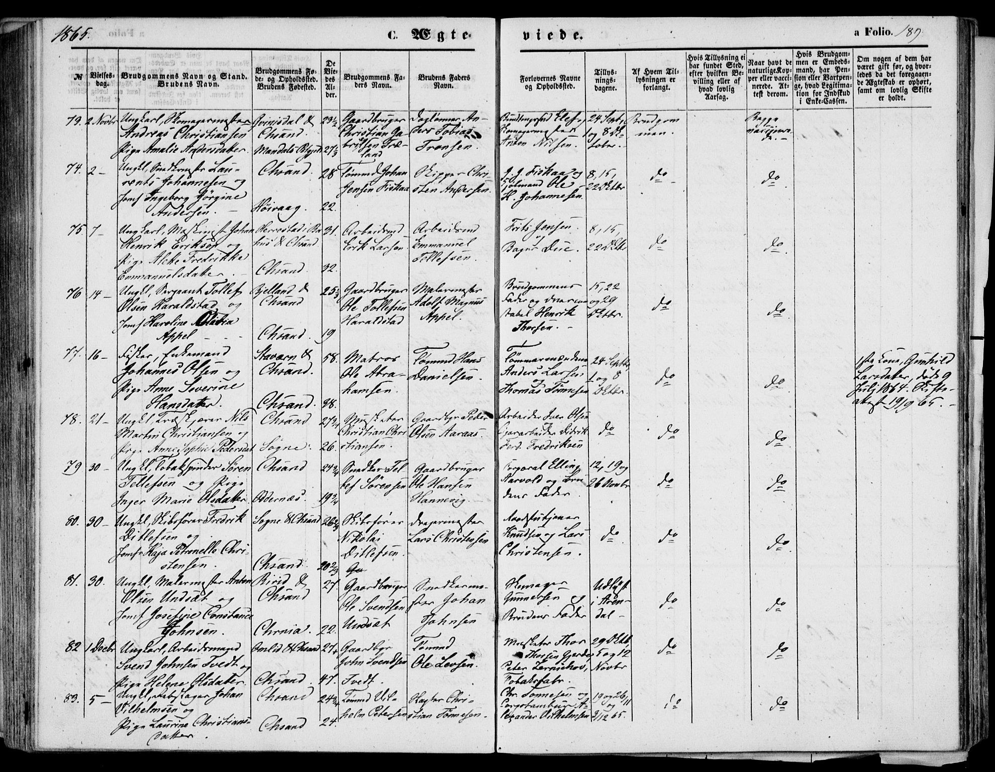 Kristiansand domprosti, AV/SAK-1112-0006/F/Fb/L0012: Parish register (copy) no. B 12, 1861-1870, p. 189