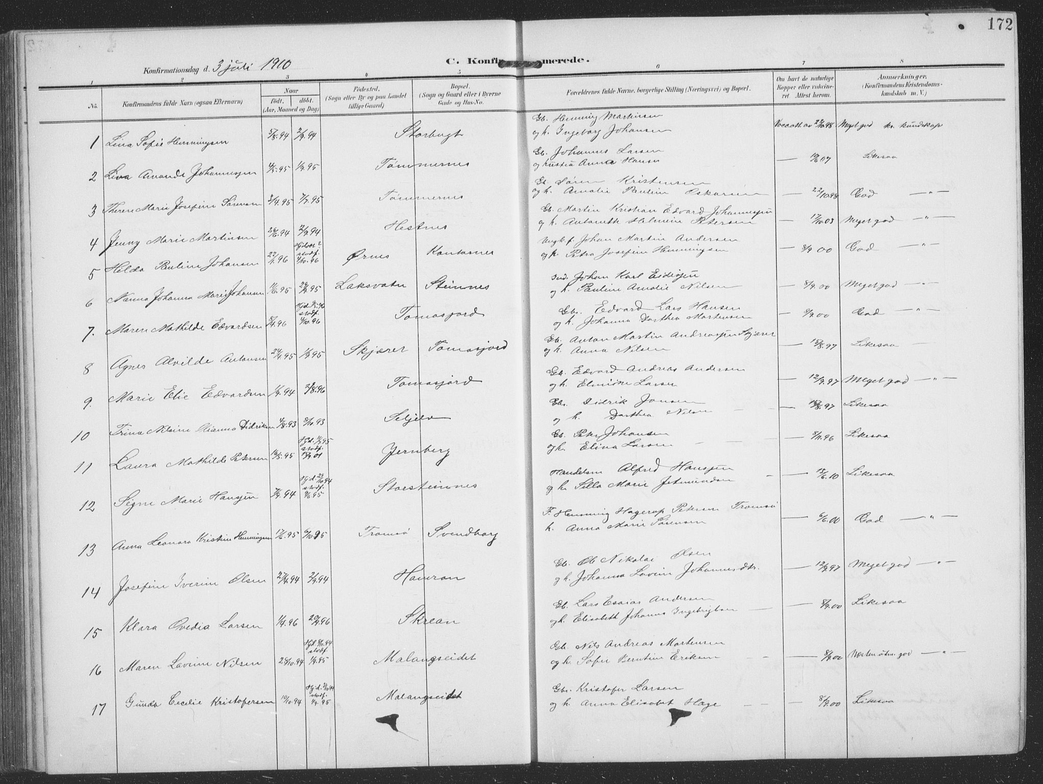 Balsfjord sokneprestembete, SATØ/S-1303/G/Ga/L0009klokker: Parish register (copy) no. 9, 1906-1920, p. 172