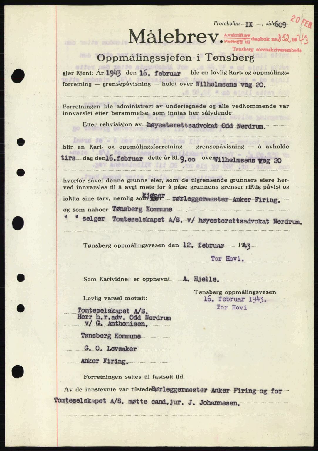 Tønsberg sorenskriveri, AV/SAKO-A-130/G/Ga/Gaa/L0012: Mortgage book no. A12, 1942-1943, Diary no: : 352/1943