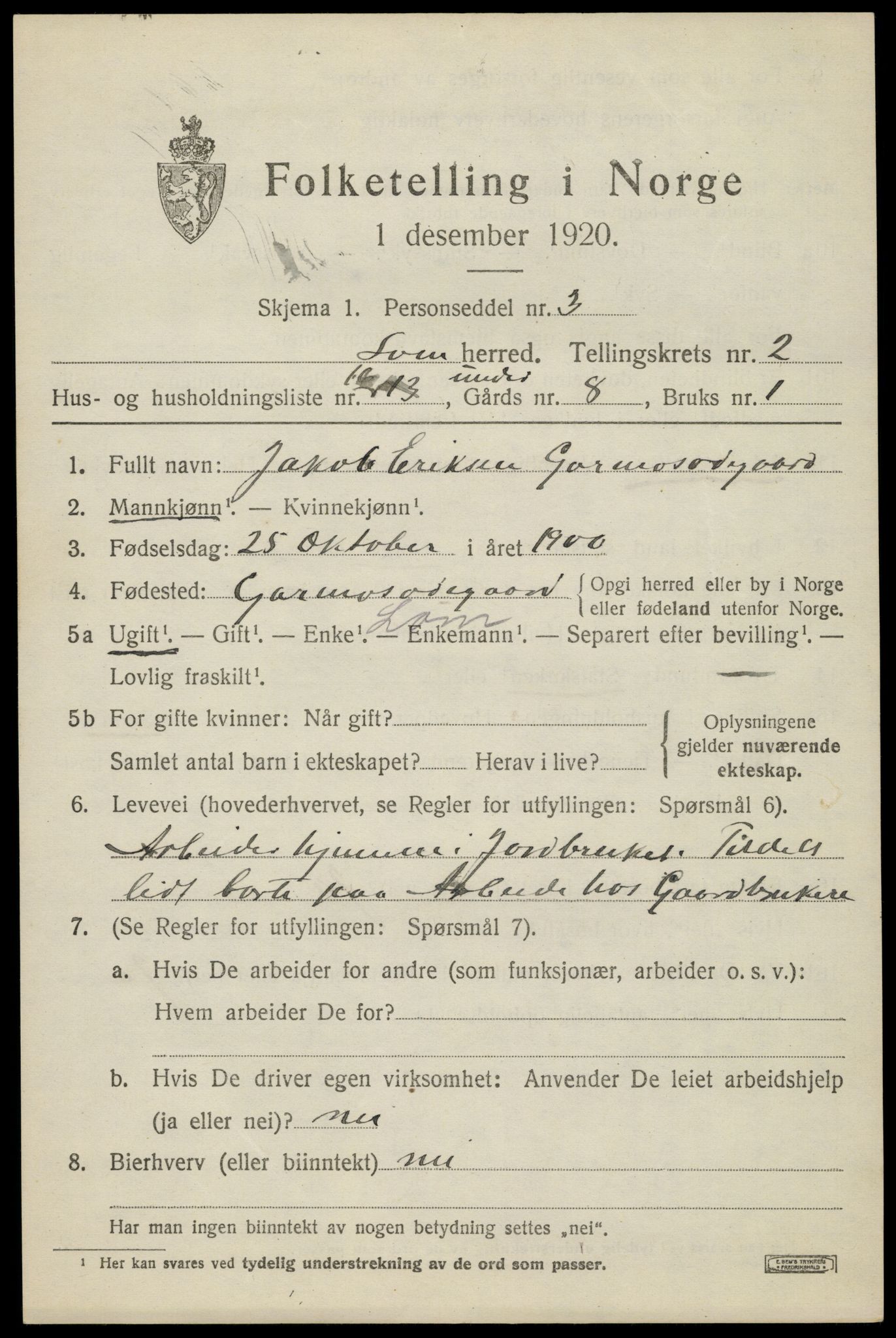 SAH, 1920 census for Lom, 1920, p. 1938