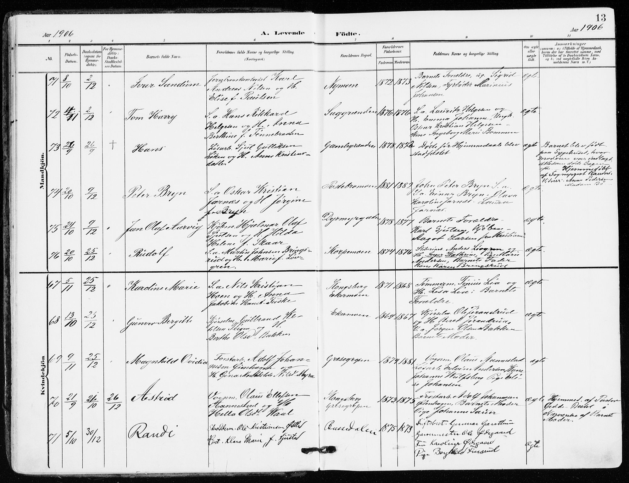 Kongsberg kirkebøker, AV/SAKO-A-22/F/Fb/L0004: Parish register (official) no. II 4, 1906-1918, p. 13