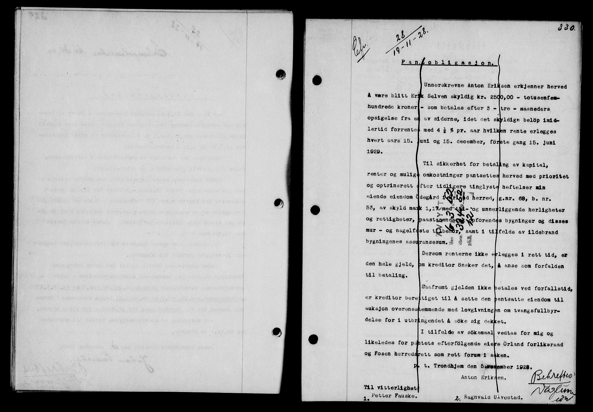 Fosen sorenskriveri, AV/SAT-A-1107/1/2/2C/L0067: Mortgage book no. 58, 1928-1929, p. 330, Deed date: 19.11.1928