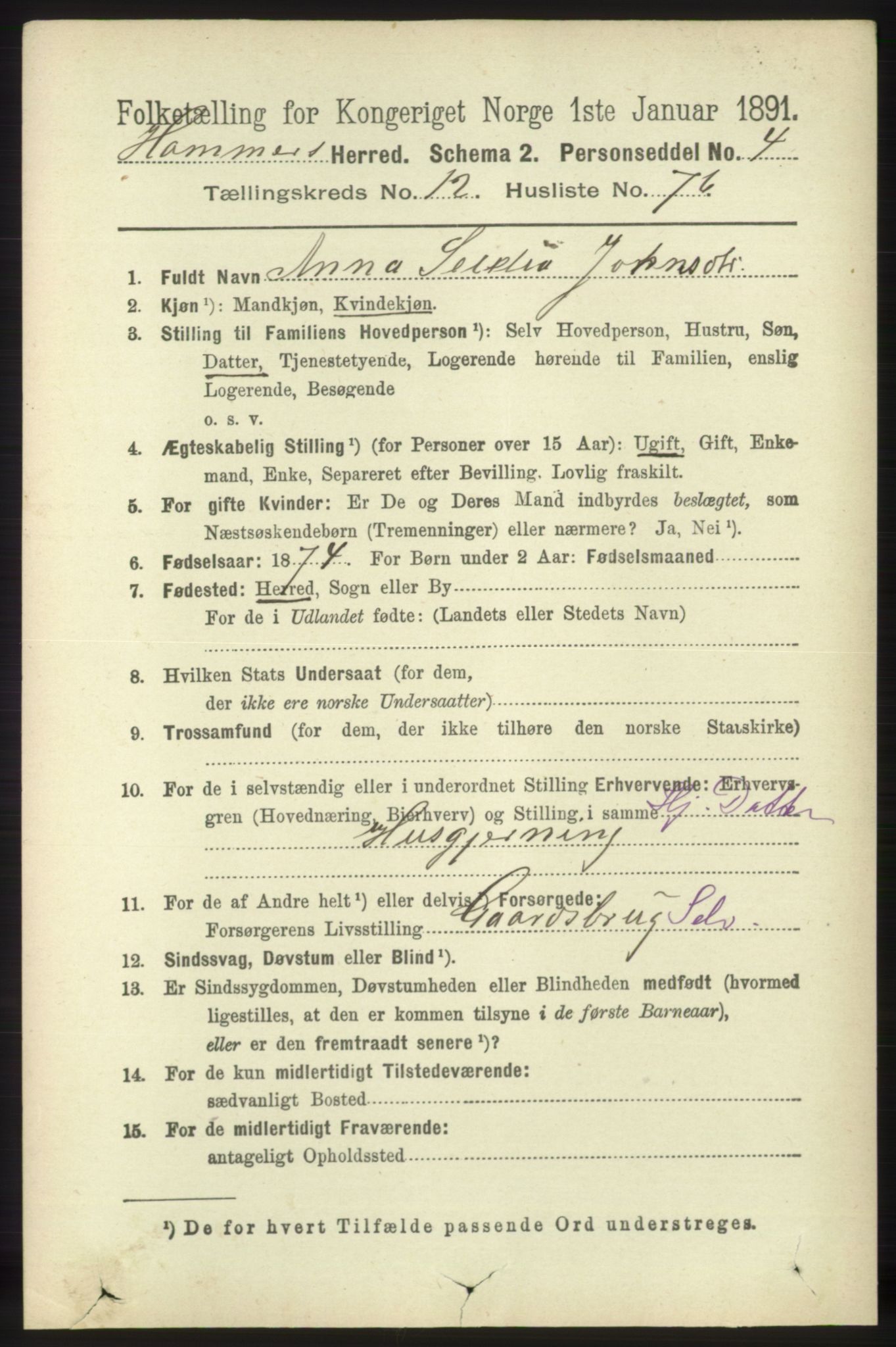 RA, 1891 census for 1254 Hamre, 1891, p. 3940