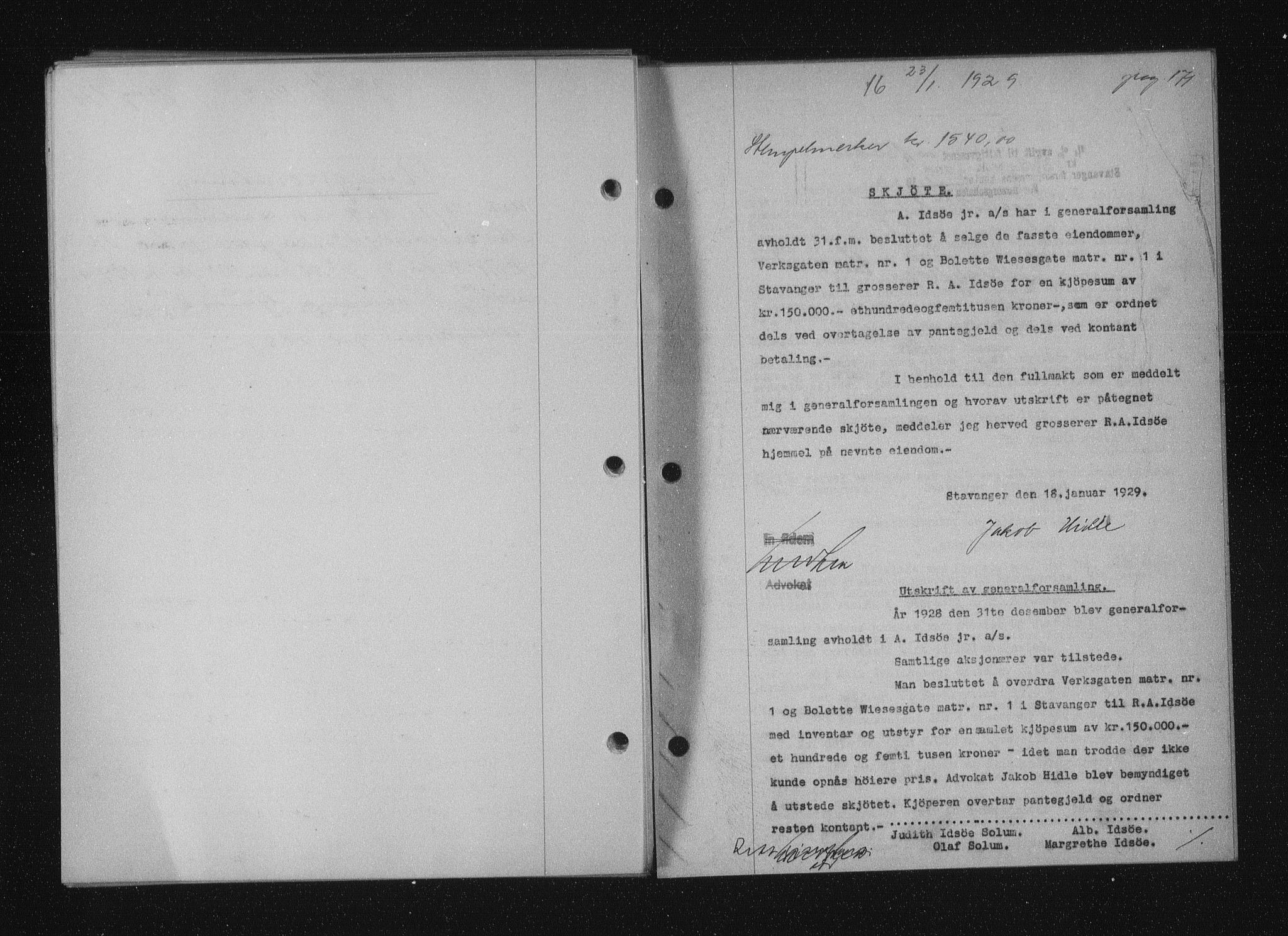 Stavanger byfogd, SAST/A-101408/001/4/41/410/410BB/L0055: Mortgage book no. 43, 1928-1929, Deed date: 23.01.1929