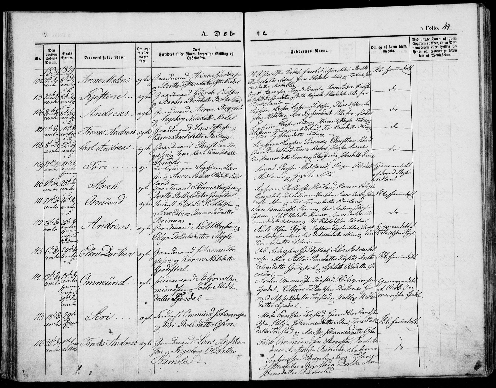 Bakke sokneprestkontor, AV/SAK-1111-0002/F/Fa/Faa/L0004: Parish register (official) no. A 4, 1834-1846, p. 44